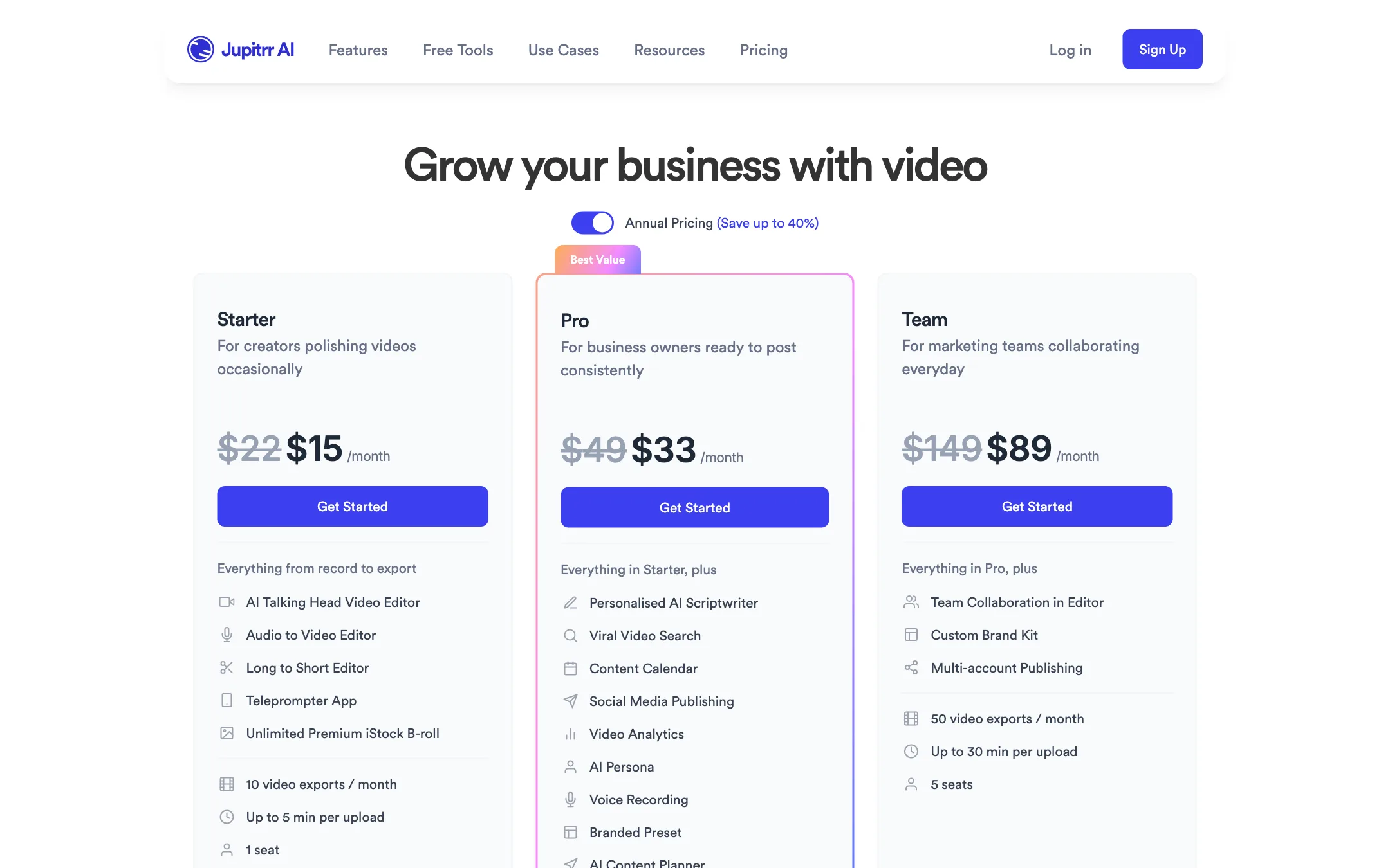 Jupitrr pricing page with Starter, Pro and Team plans