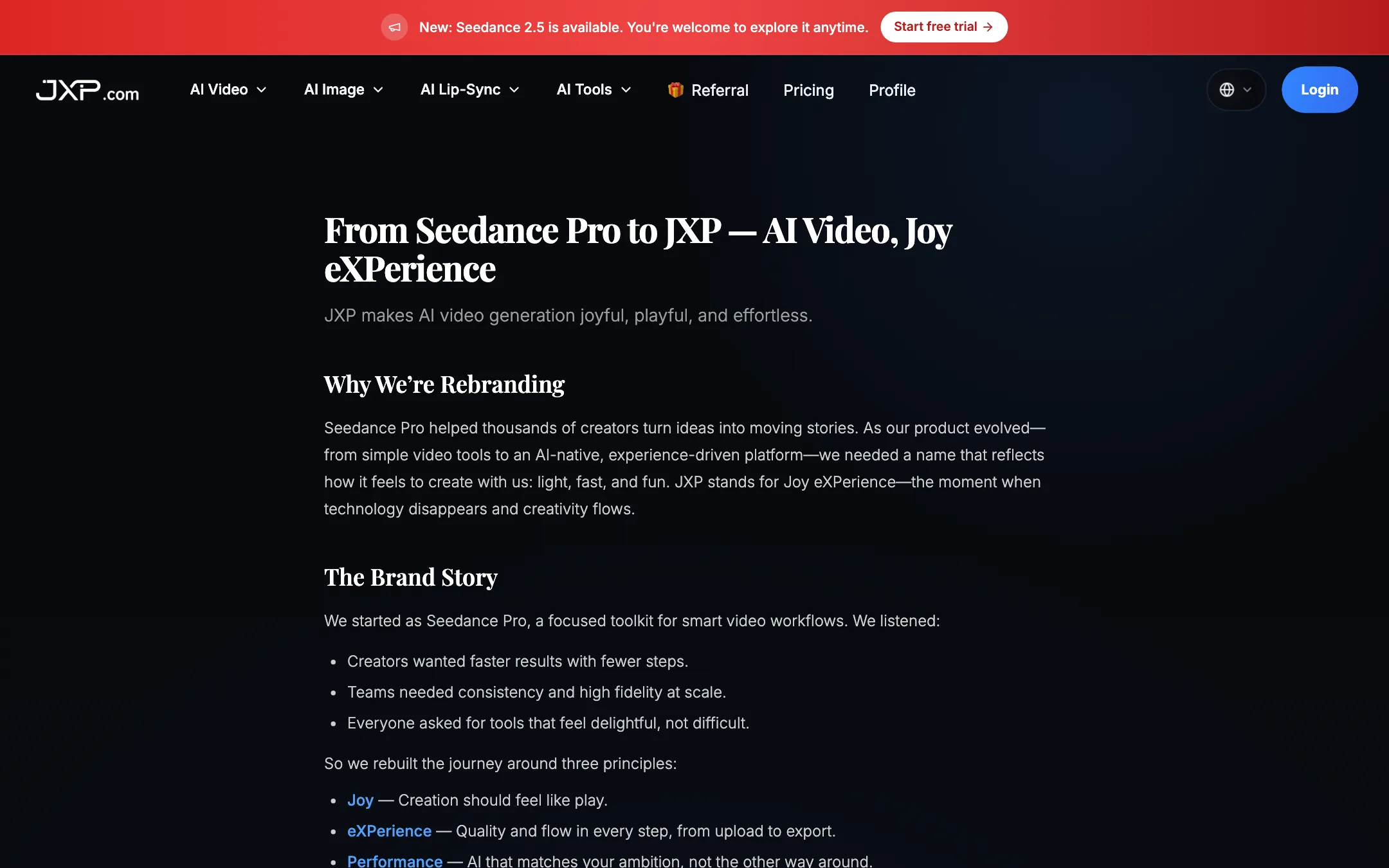 JXP brand upgrade page: From Seedance Pro to JXP