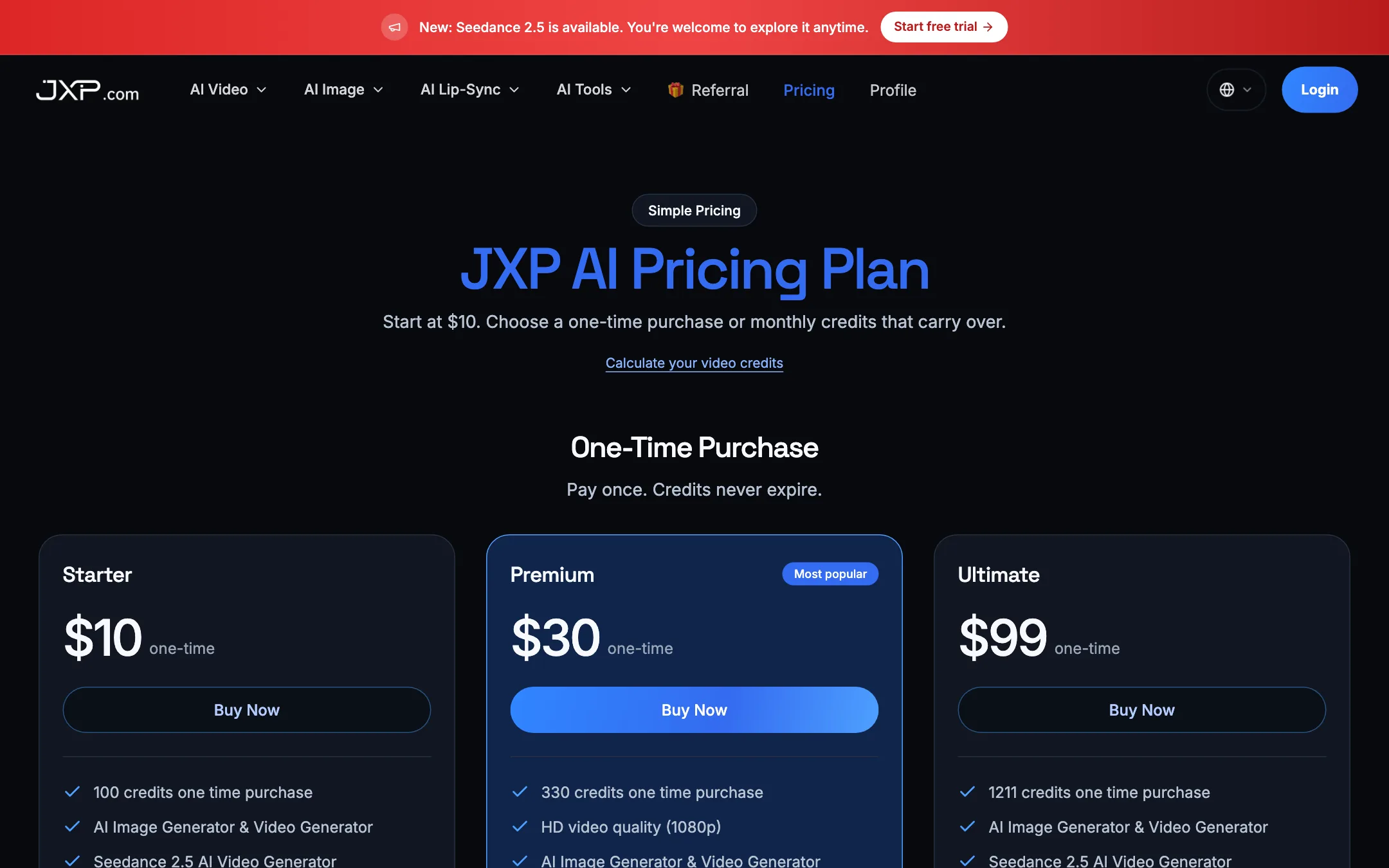 JXP pricing page with one-time credit packs at $10, $30 and $99