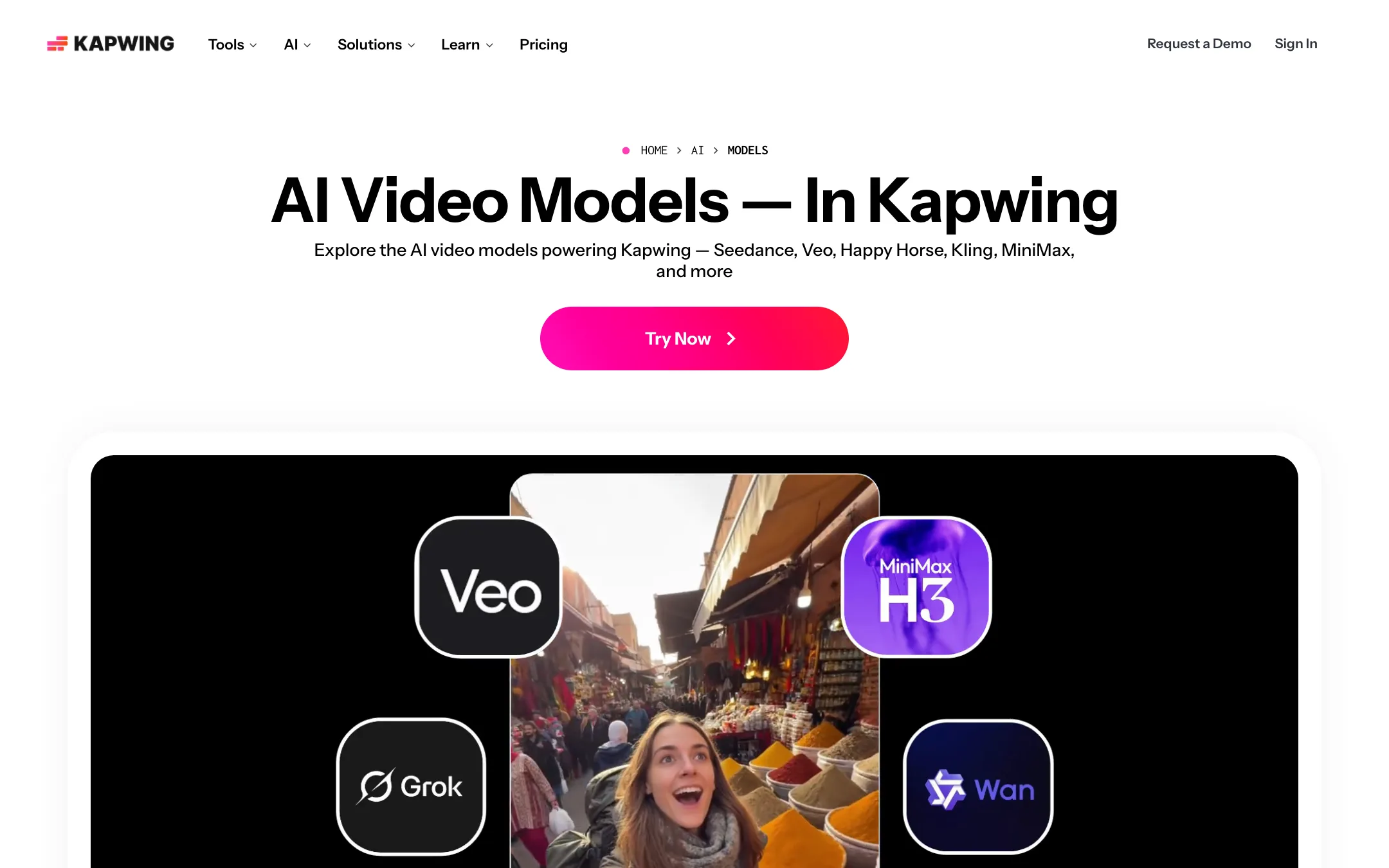Kapwing AI Video Models page listing Seedance, Veo and Kling