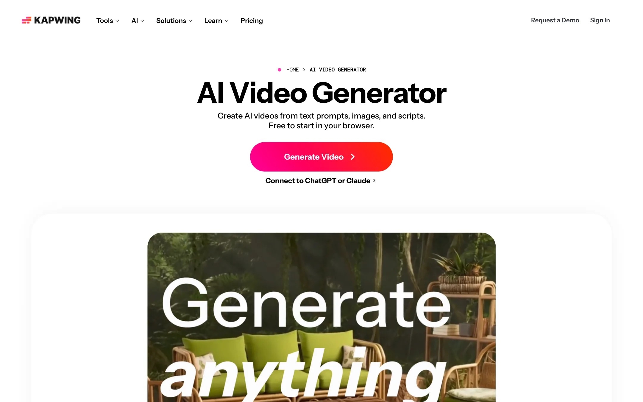 Kapwing AI Video Generator page with the Kai prompt box