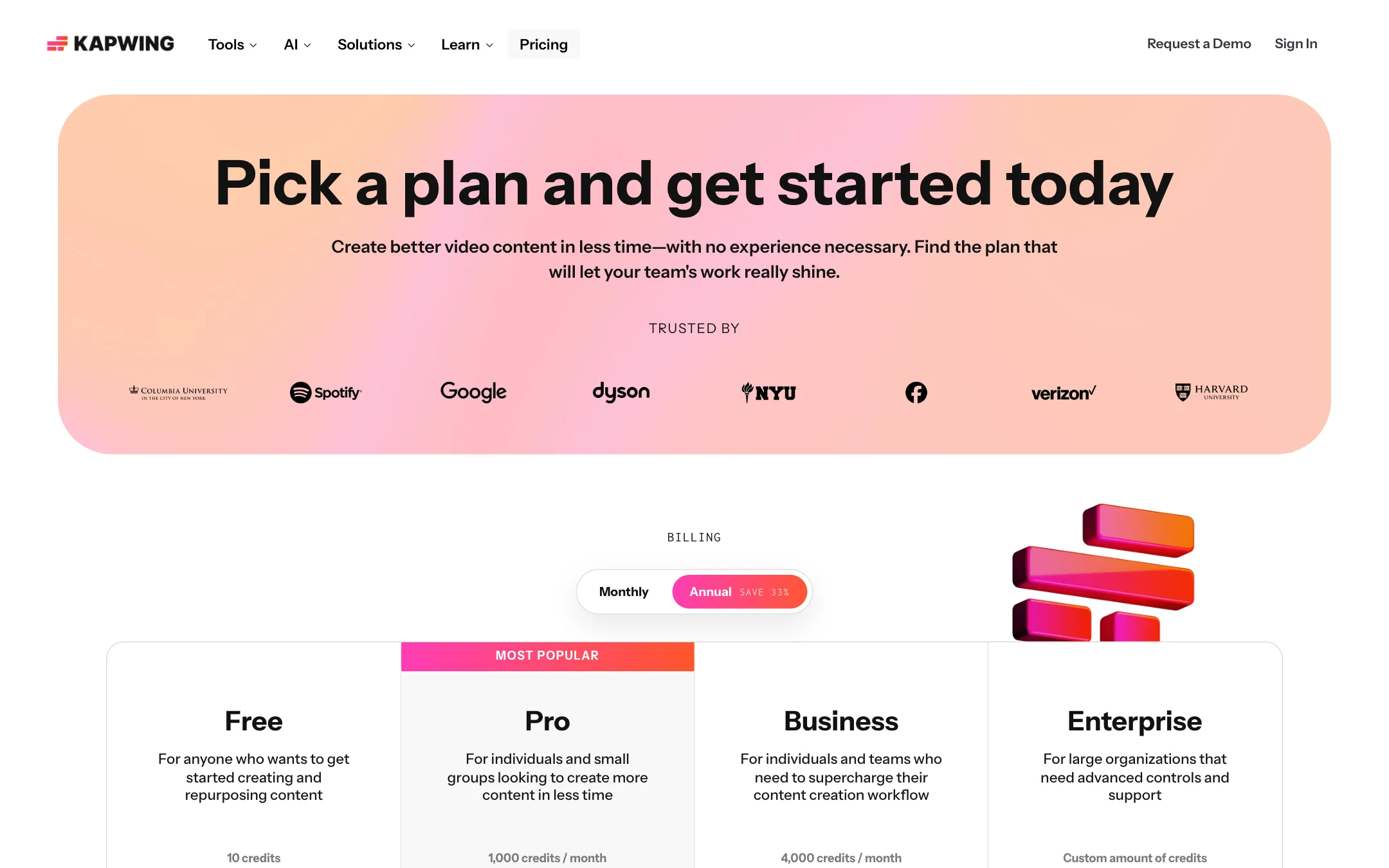Kapwing pricing page with Free, Pro, Business and Enterprise plans