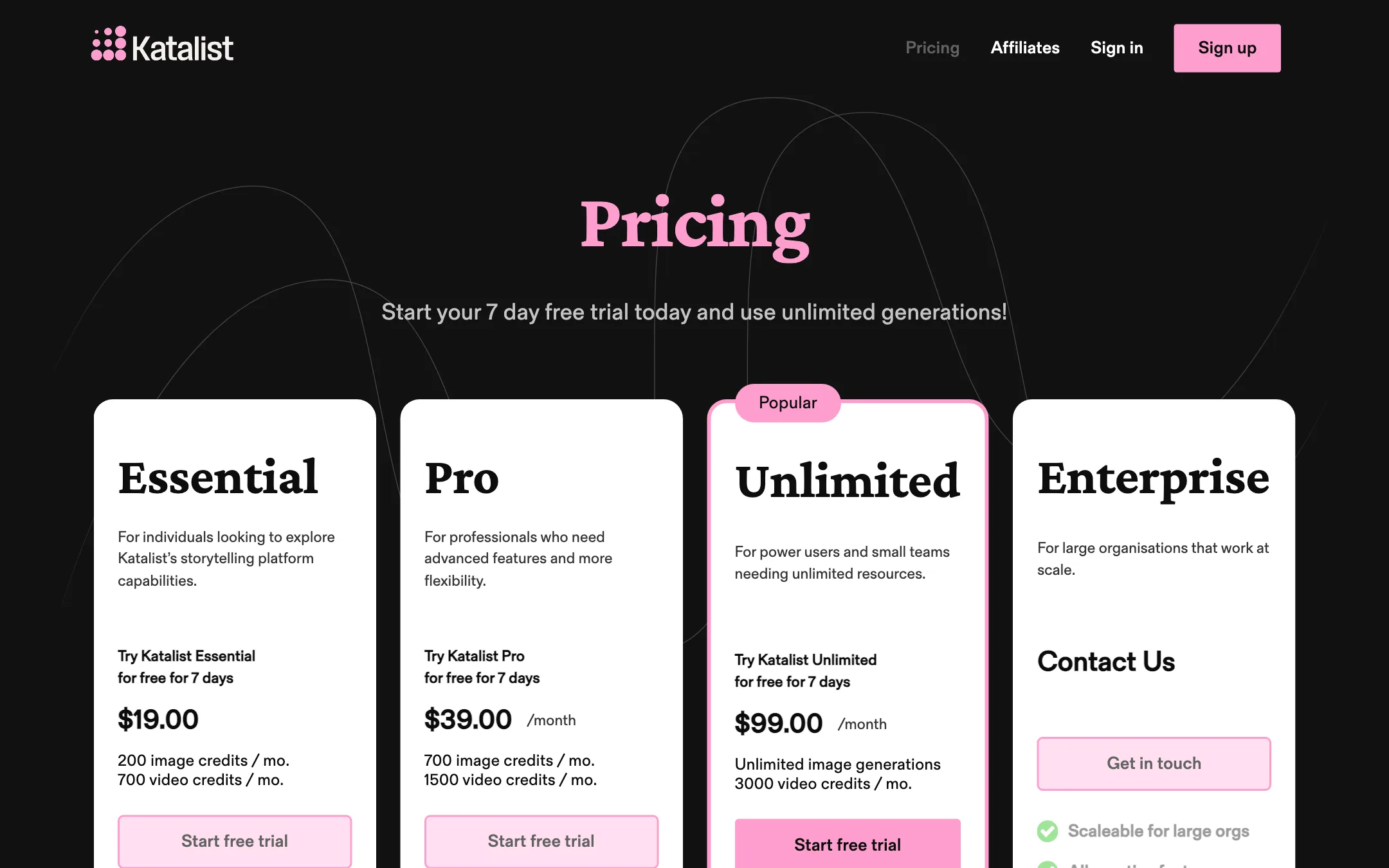 Katalist pricing page with Essential, Pro, Unlimited and Enterprise plans