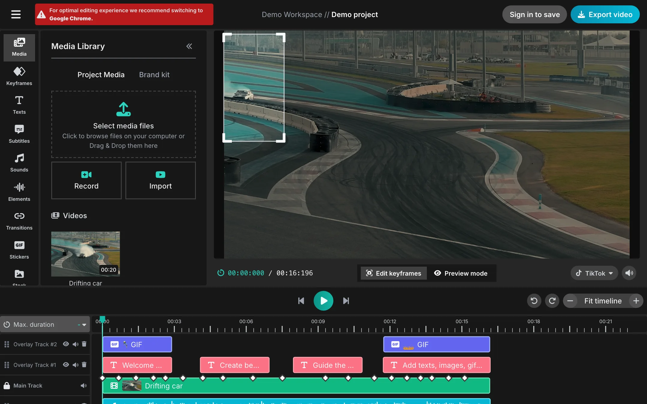 Keyframes Studio browser editor with the demo project loaded