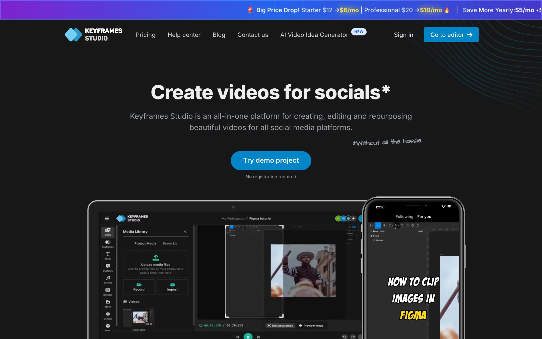 Keyframes Studio homepage headline: Create videos for socials