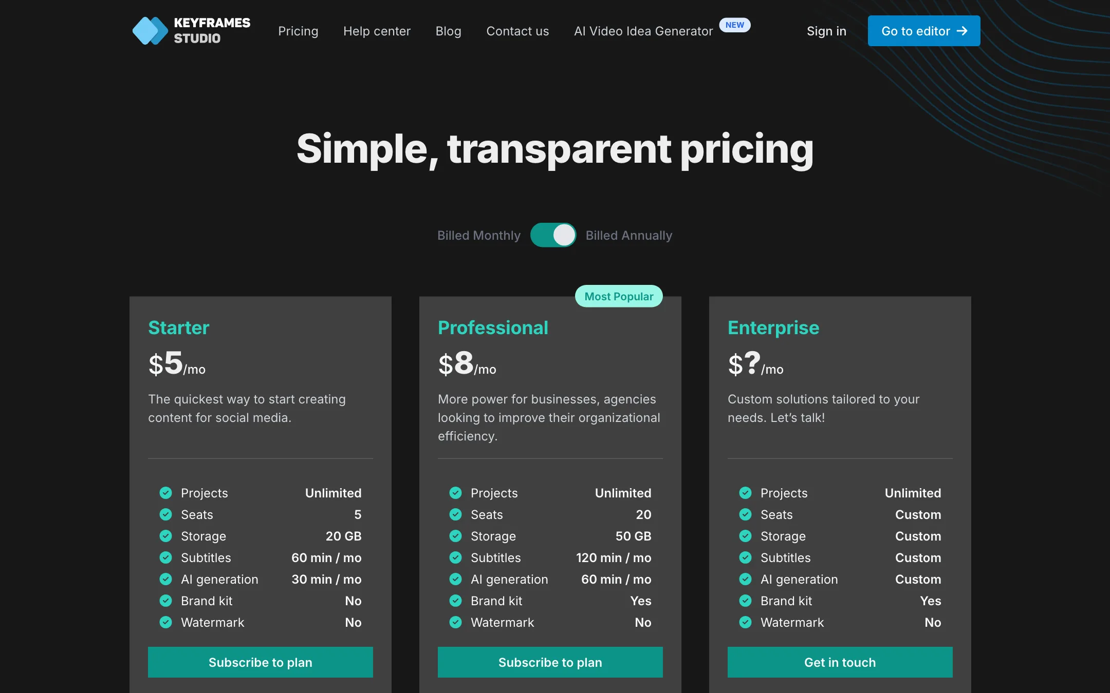 Keyframes Studio pricing page with Starter, Professional and Enterprise plans