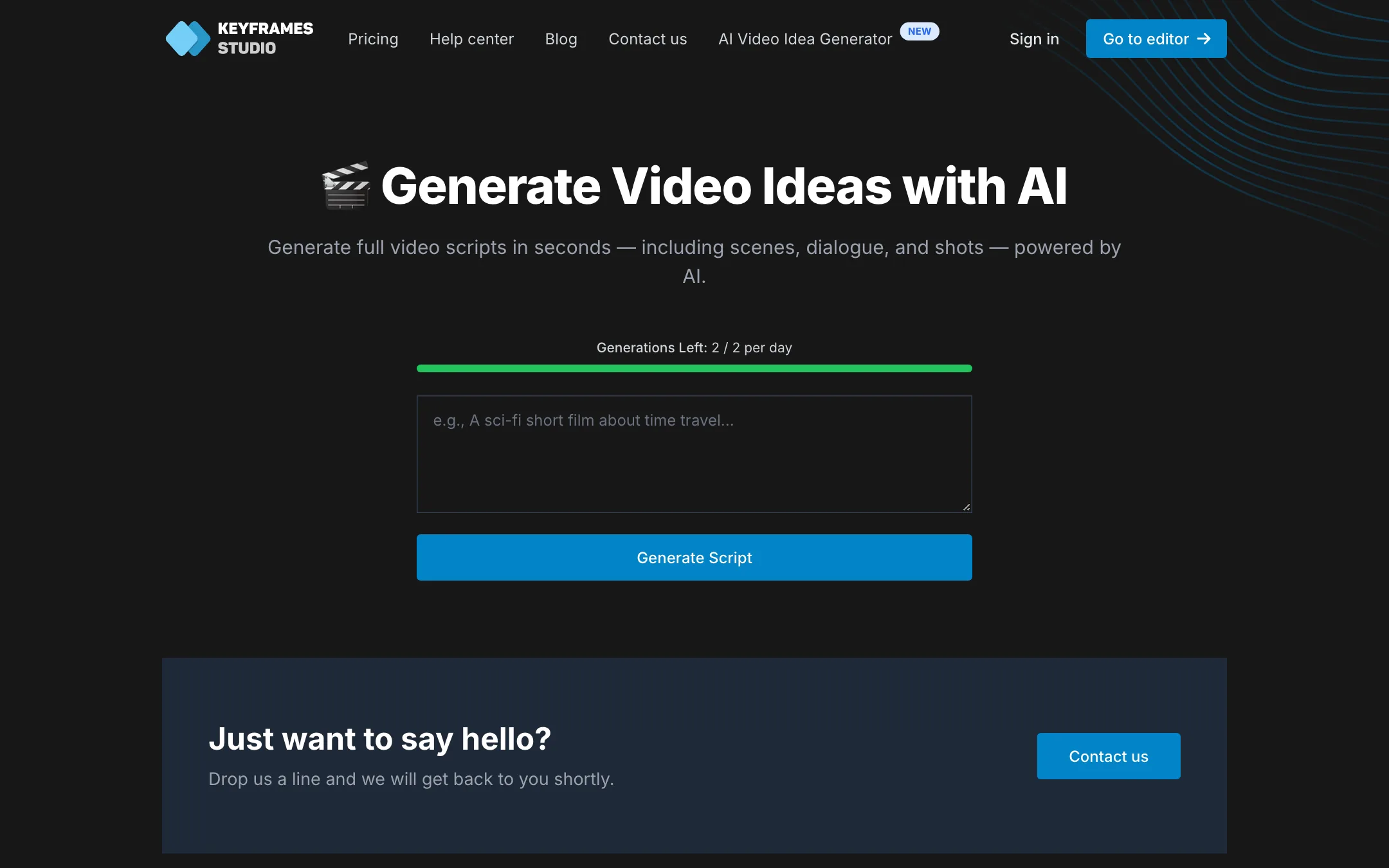 Keyframes Studio AI Video Idea Generator with 2 free generations per day