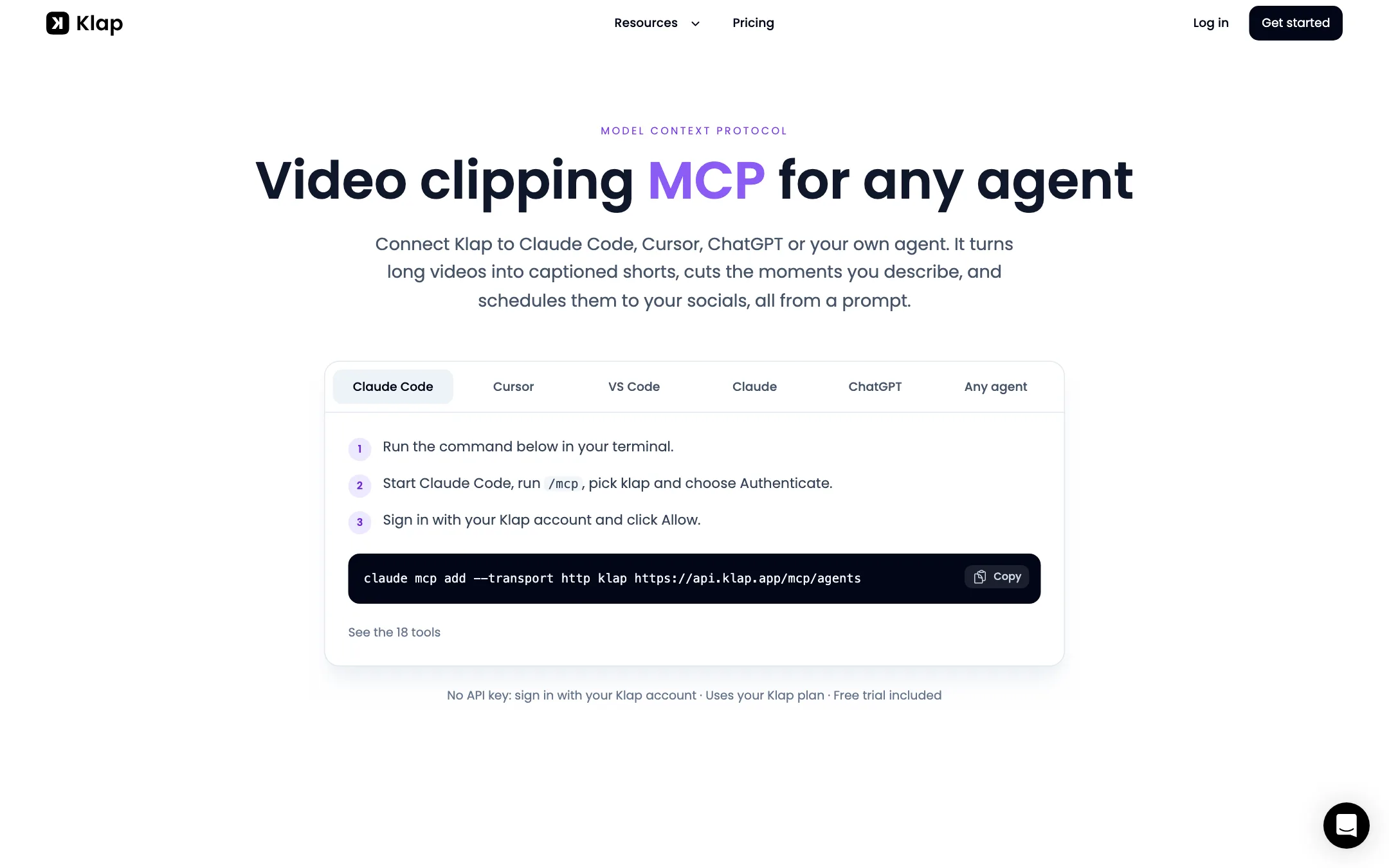 Klap MCP server page showing setup for Claude Code, Cursor and ChatGPT