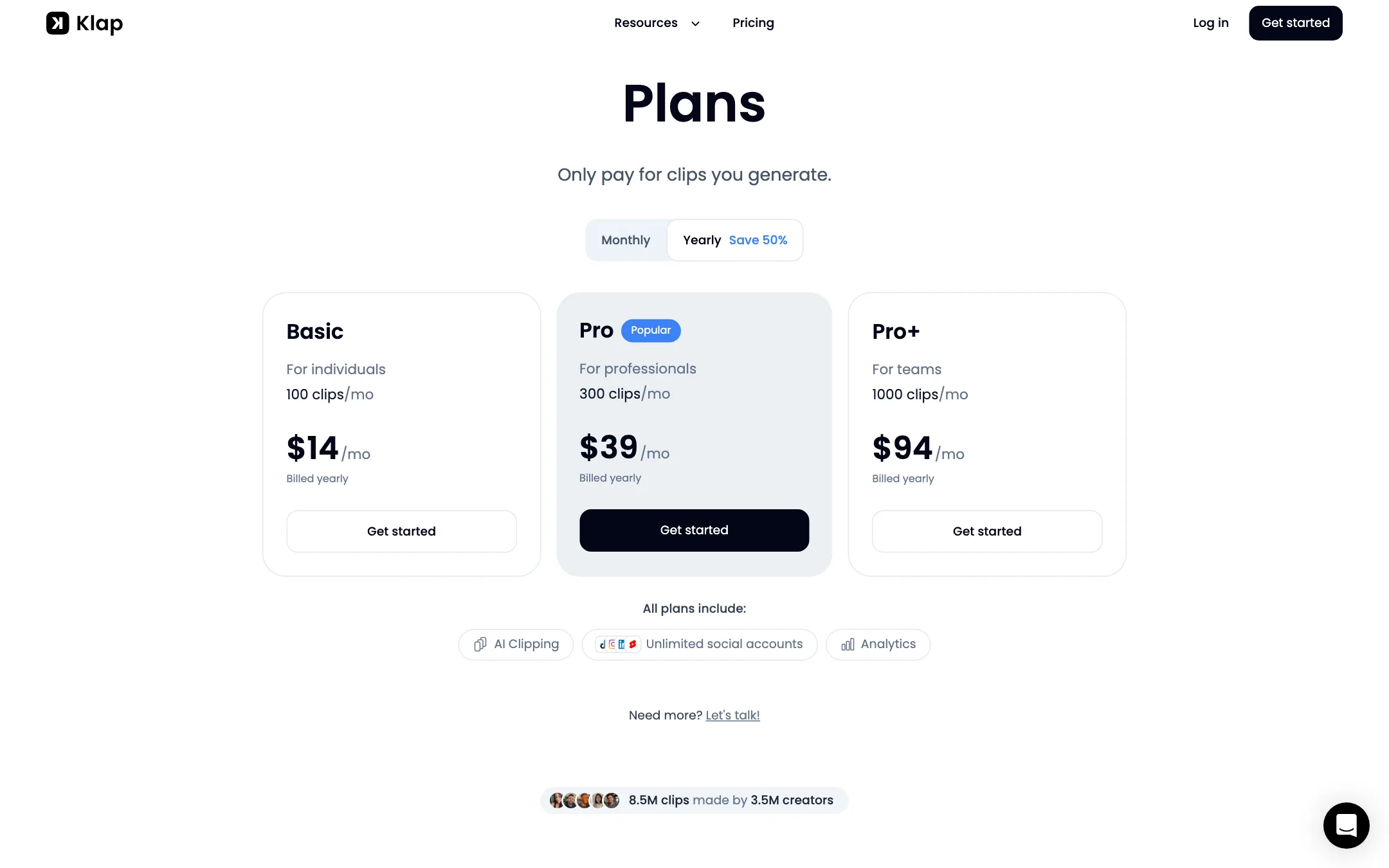 Klap pricing with Basic, Pro and Pro+ plans billed yearly