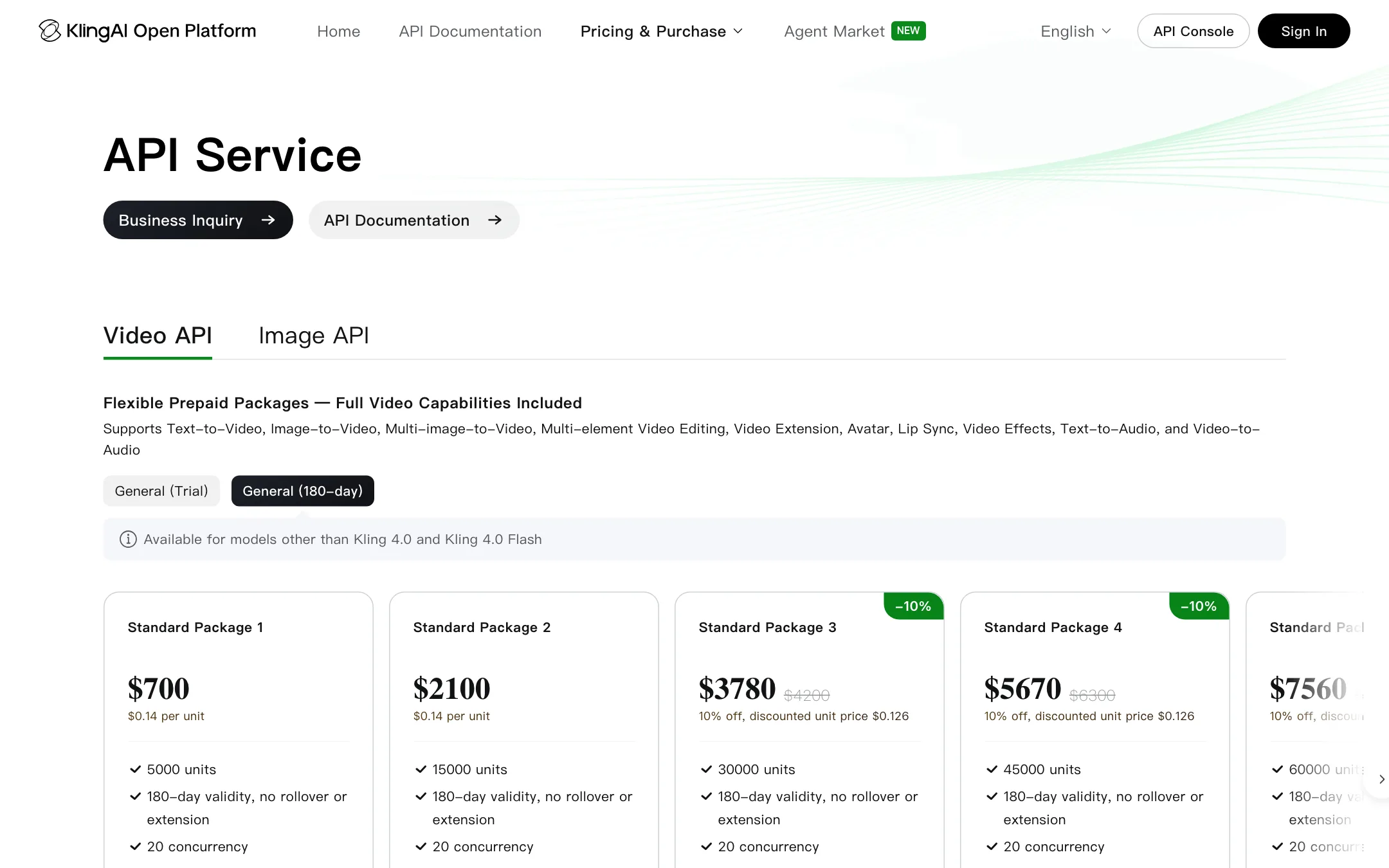 Kling API pricing page with prepaid unit packages