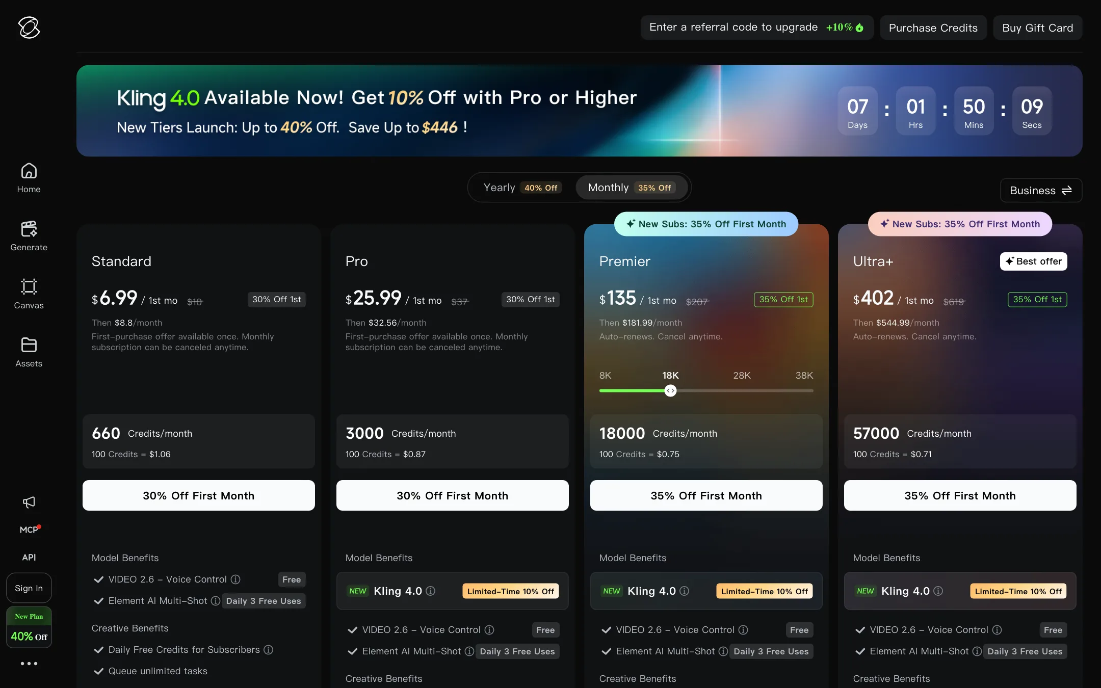 Kling AI membership plans with Standard, Pro, Premier and Ultra+ cards