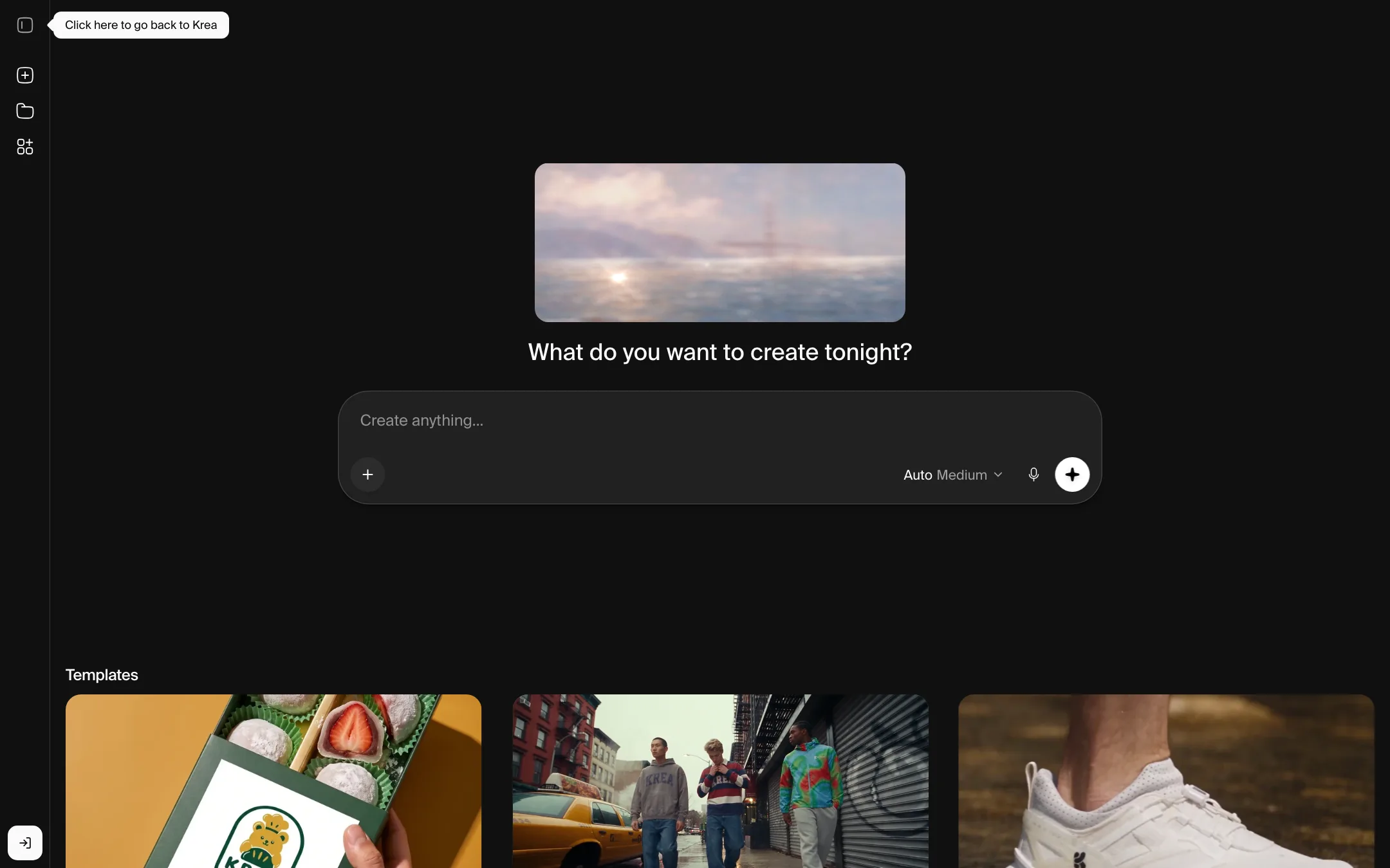 Krea Agent screen with a prompt box and template gallery for product shoots, sizzle reels and explainers