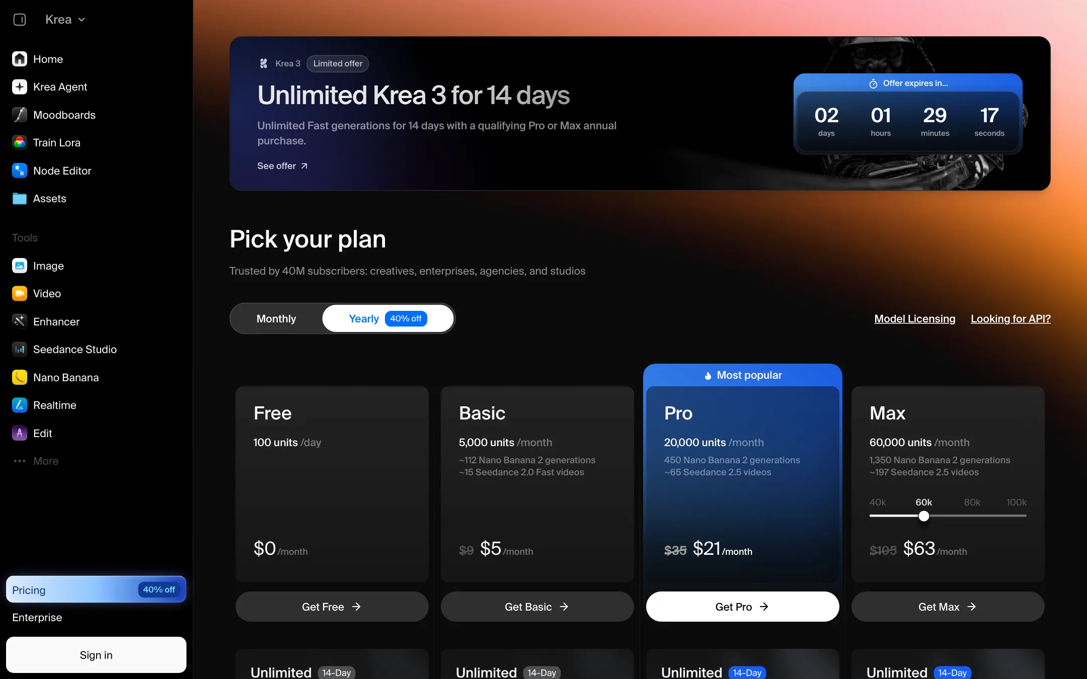 Krea pricing page showing Free, Basic, Pro and Max plans with compute units