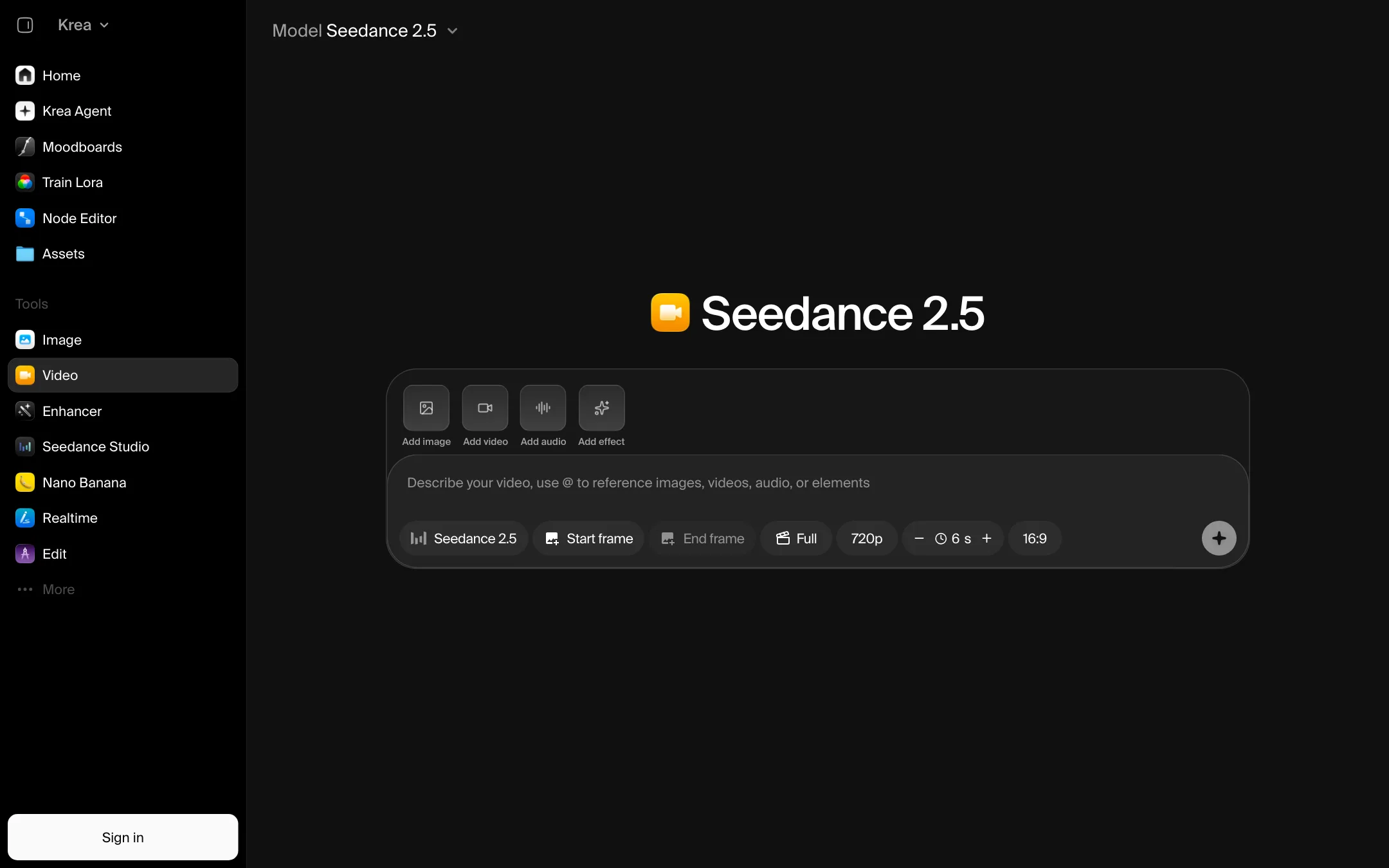 Krea video generator composer with Seedance 2.5 selected, 720p, 6 seconds and 16:9