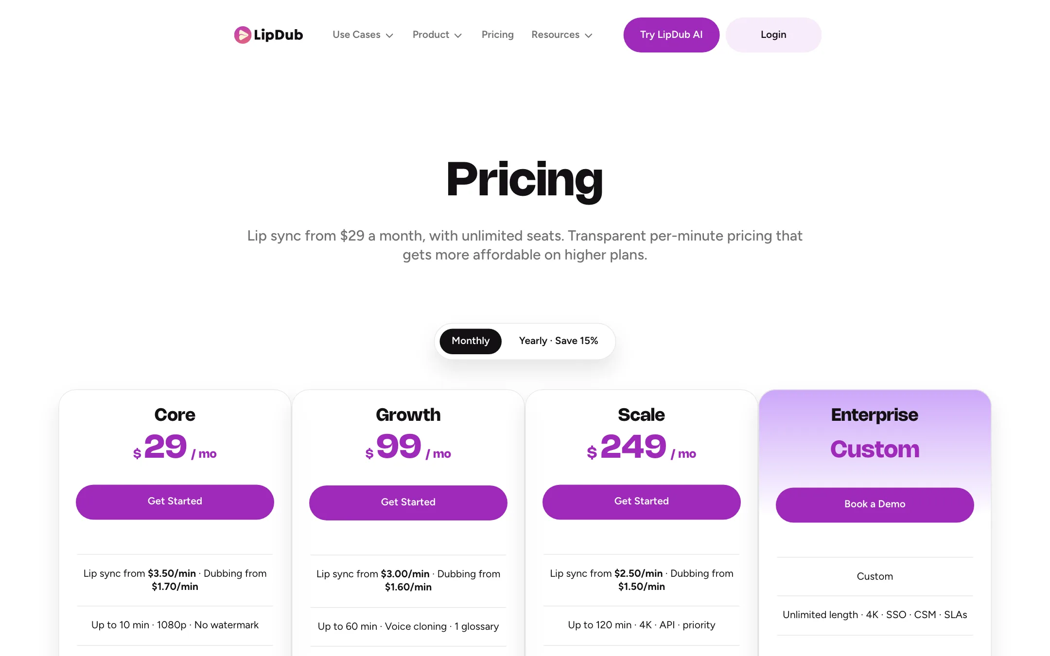 LipDub pricing page with Core, Growth, Scale and Enterprise plans and per-minute rates