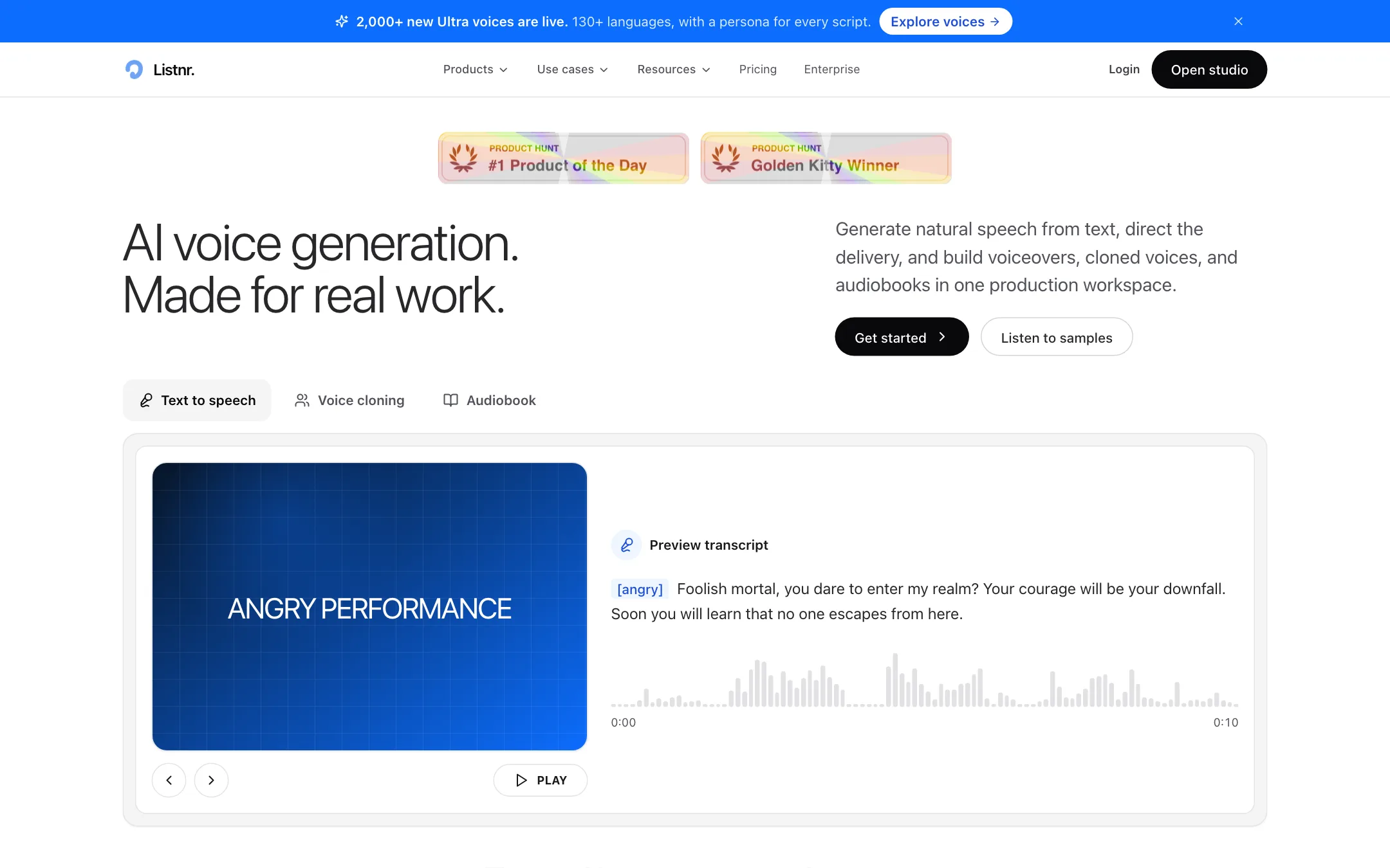Listnr homepage with the headline AI voice generation. Made for real work.