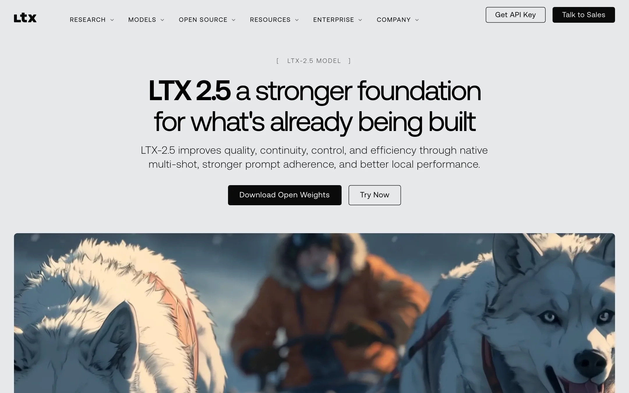 LTX-2.5 model page with Download Open Weights and Try Now buttons