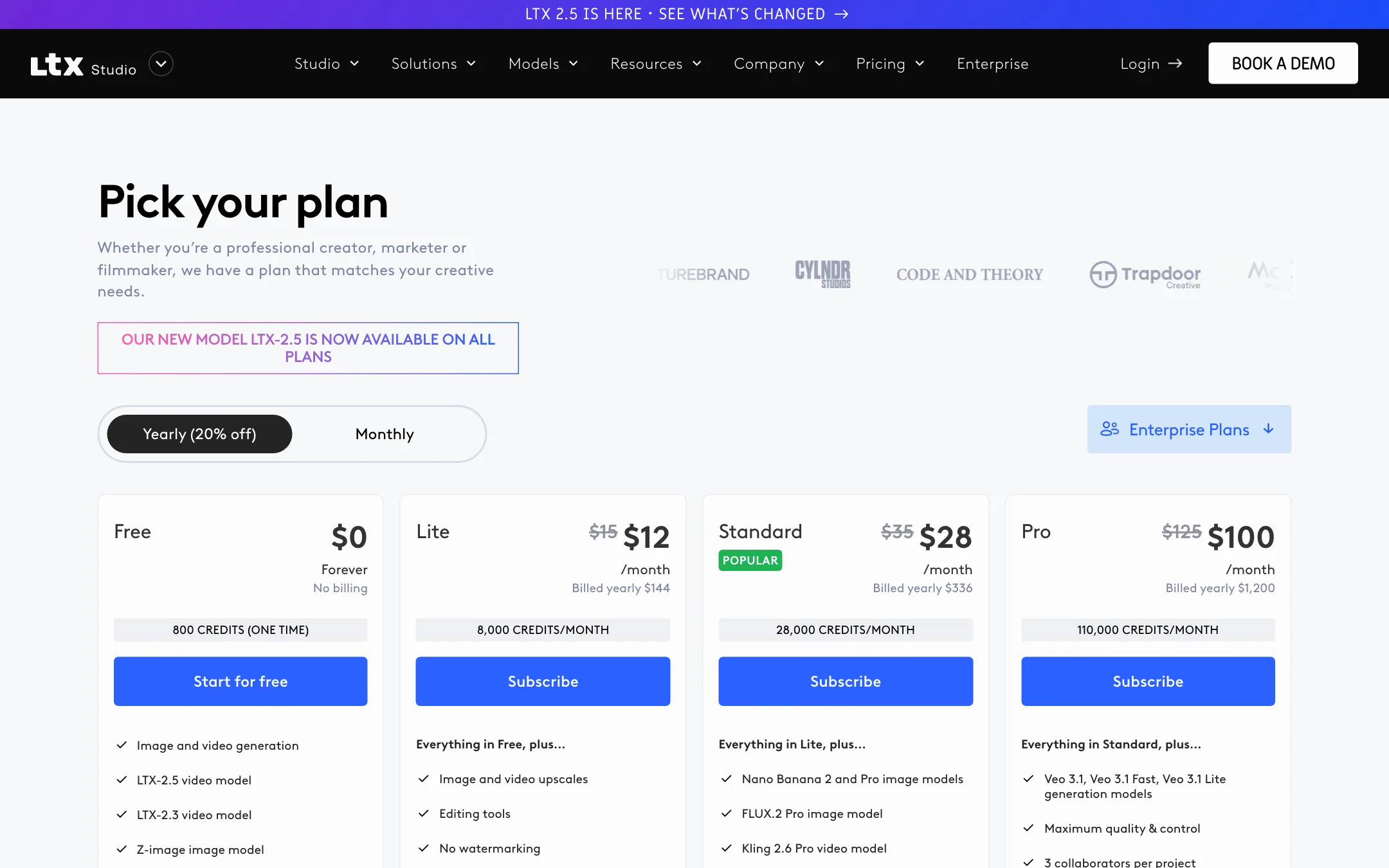 LTX Studio pricing with Free, Lite, Standard and Pro plans on yearly billing