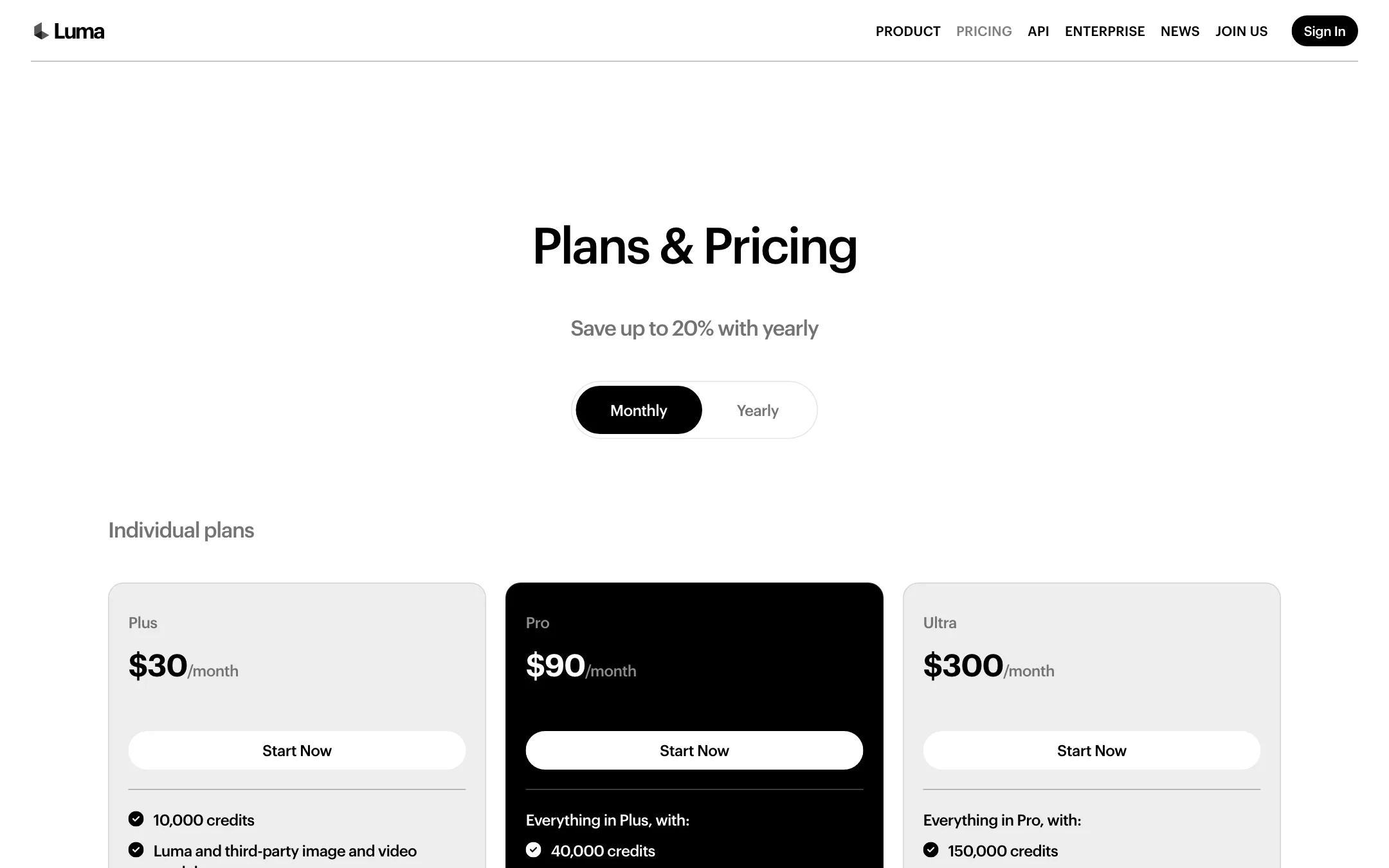 Luma pricing page with Plus, Pro and Ultra plans