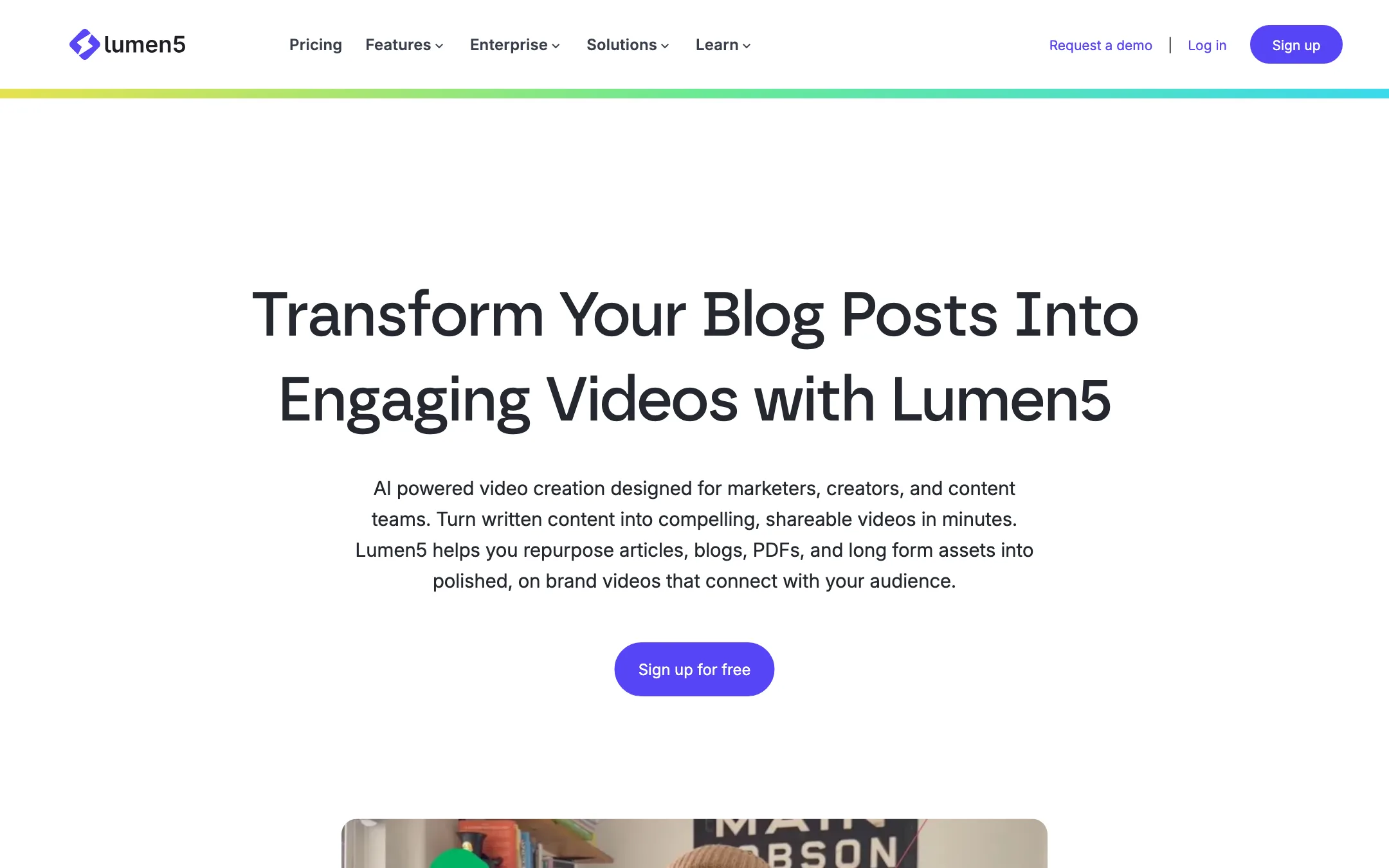 Lumen5 Blog to Video feature page describing the AI Script Composer