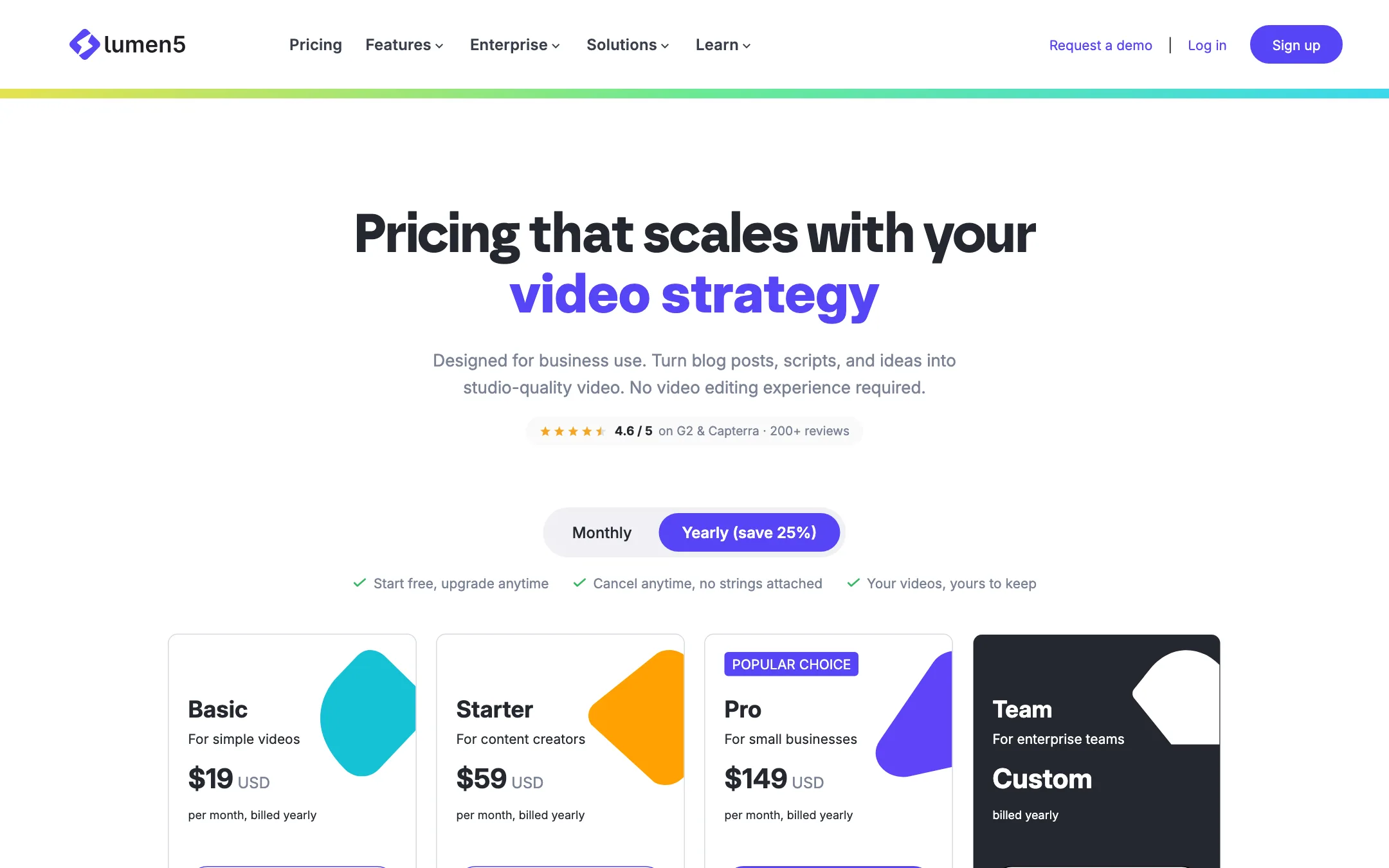 Lumen5 pricing page with Basic, Starter, Pro and Team plans