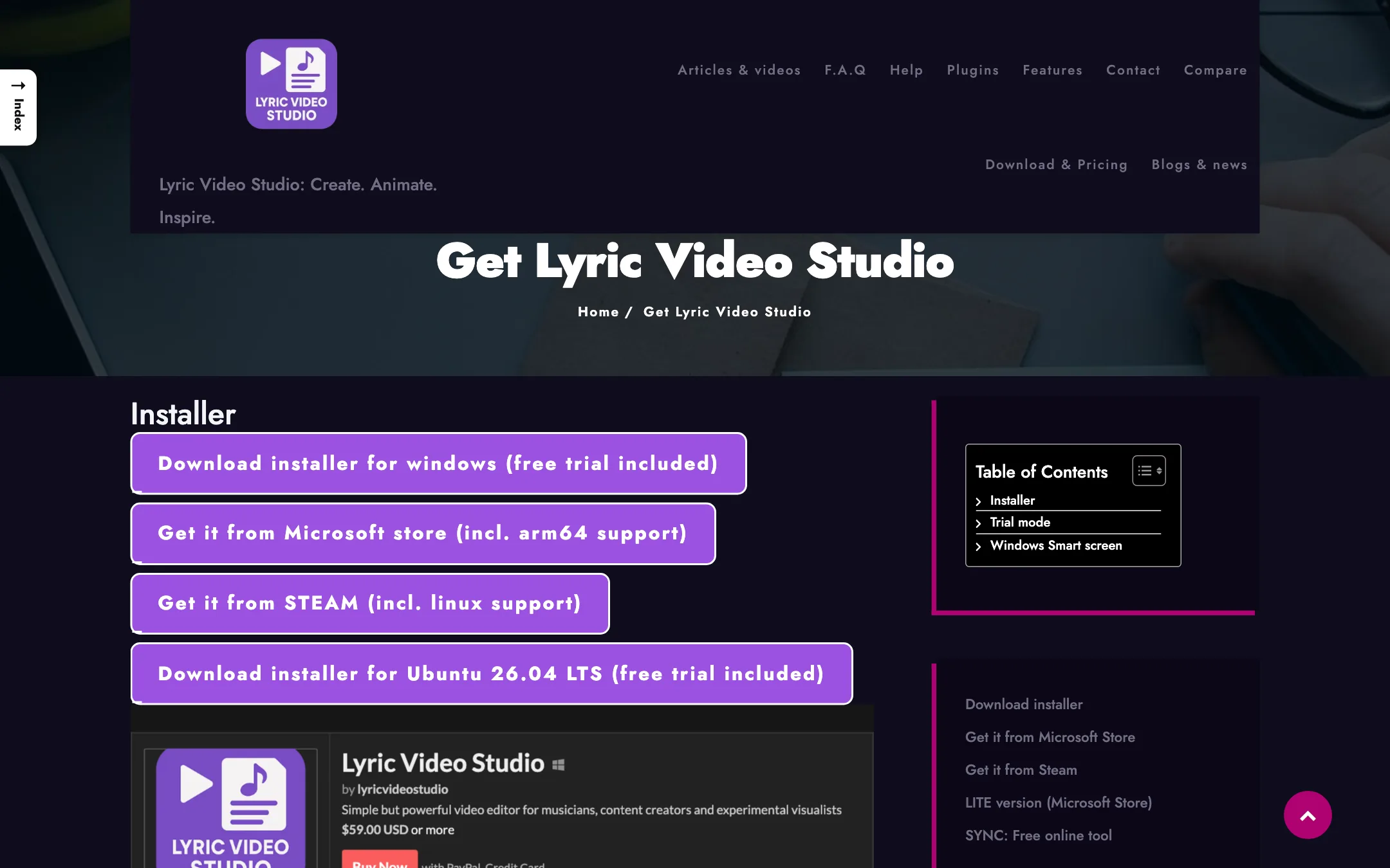 Lyric Video Studio download page with Windows, Microsoft Store, Steam and Ubuntu install options