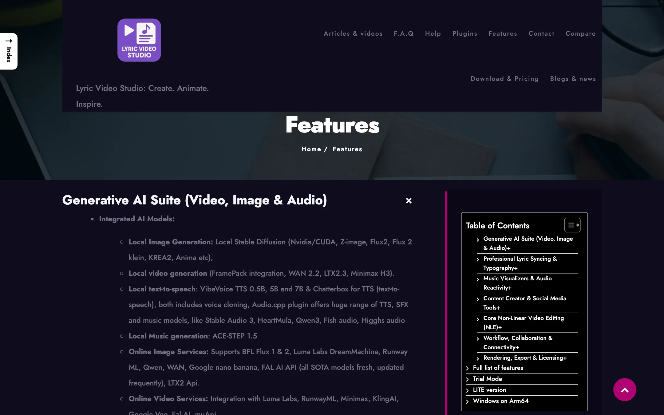 Lyric Video Studio features page with collapsible sections for AI, lyric syncing, visualizers and editing