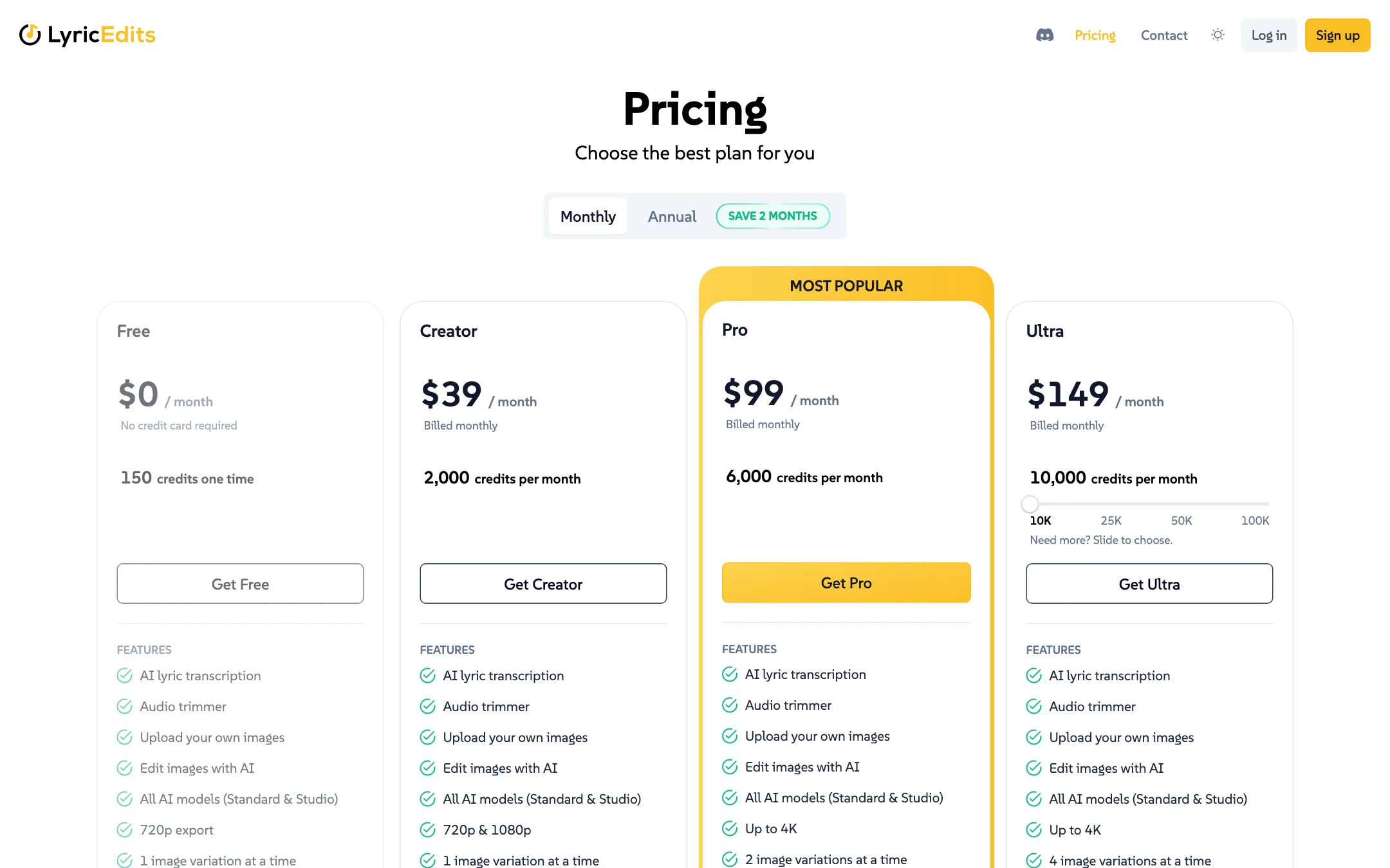 LyricEdits pricing page with Free, Creator, Pro and Ultra plans