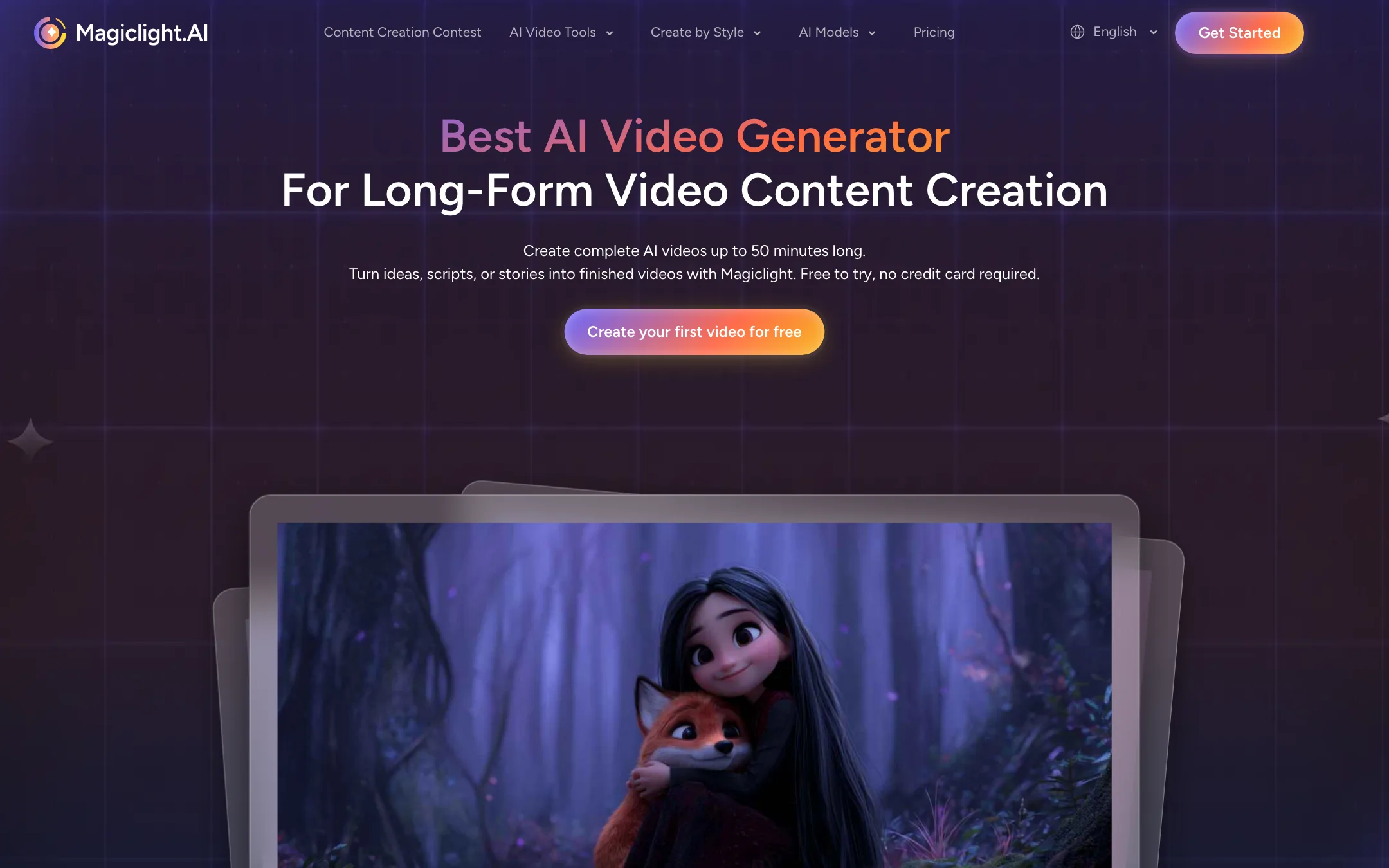 MagicLight homepage headline: Best AI Video Generator for Long-Form Video Content Creation