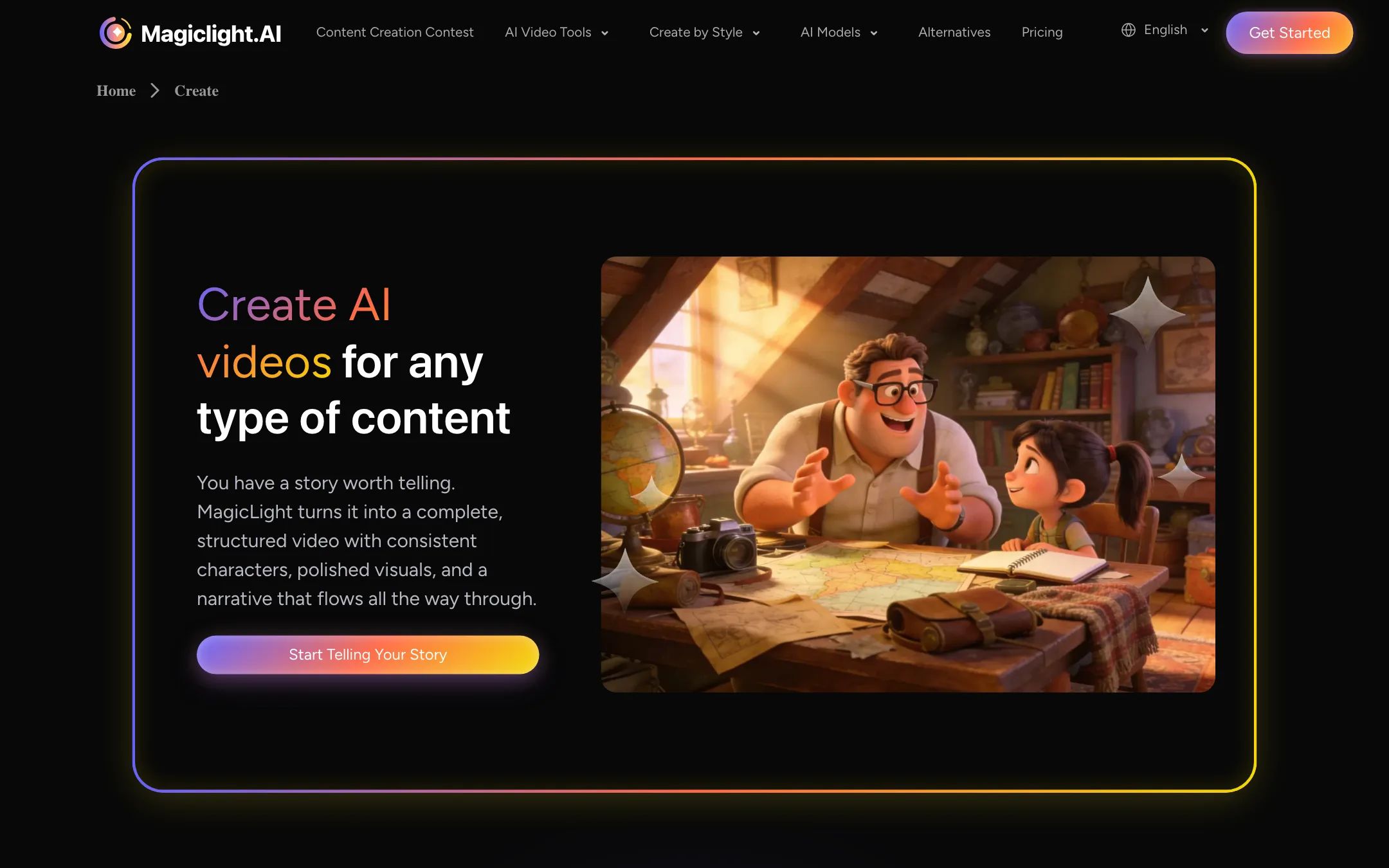 MagicLight Create page: Create AI videos for any type of content