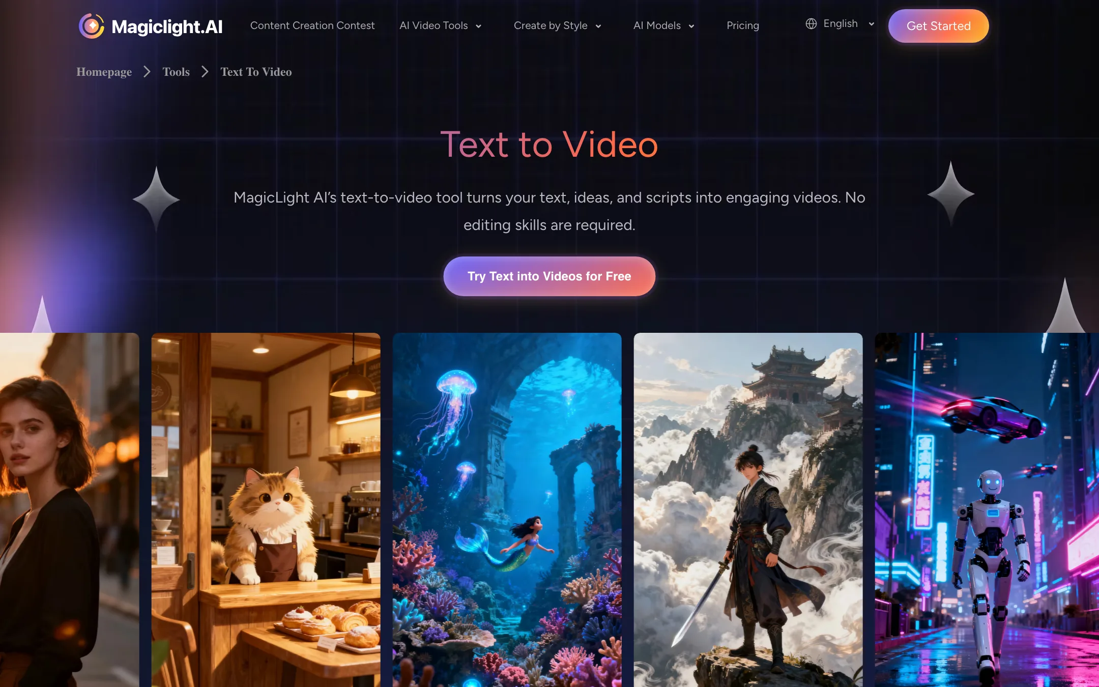 MagicLight text to video tool page with example scenes in different styles