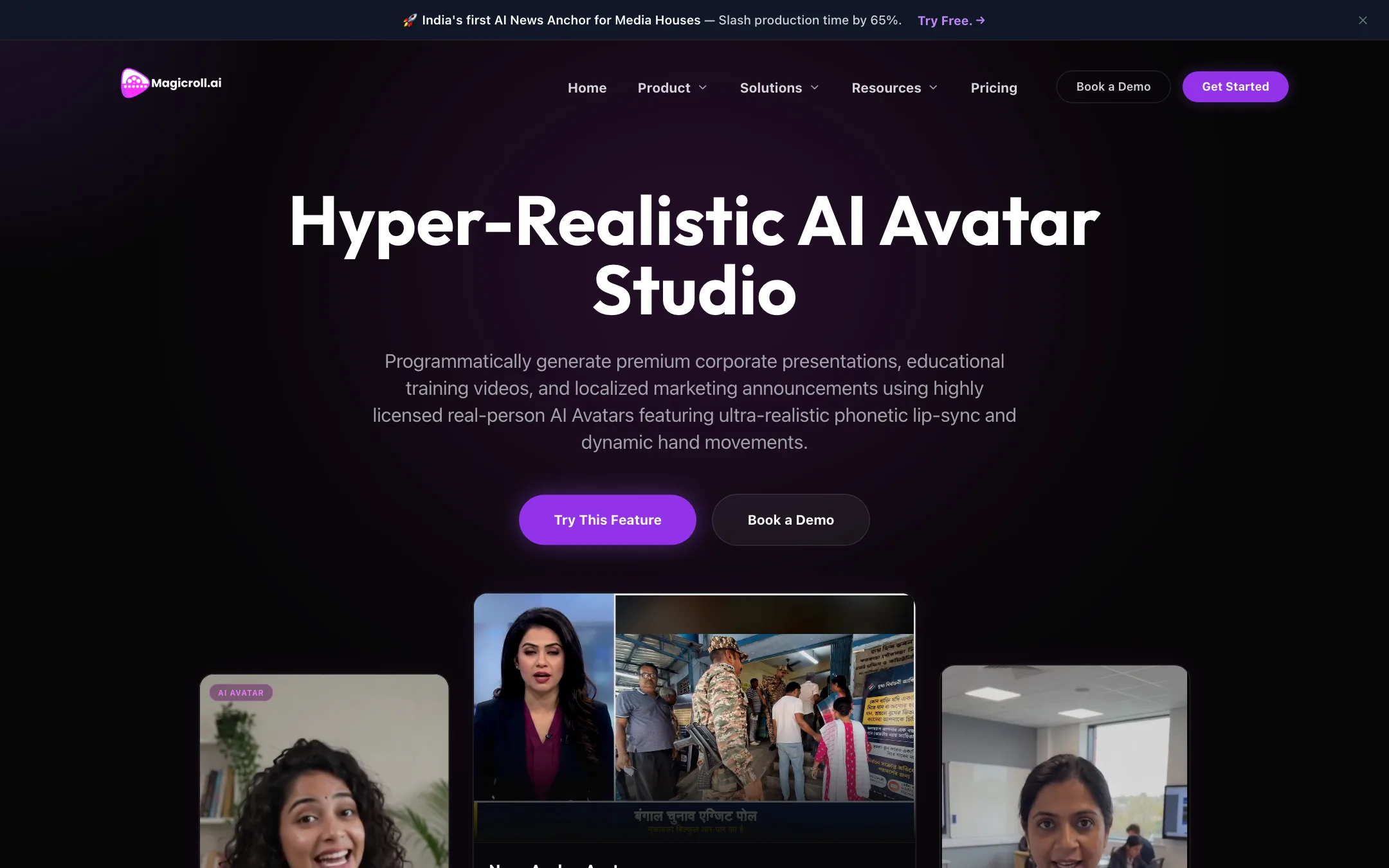 Magicroll AI avatar studio page with presenter types