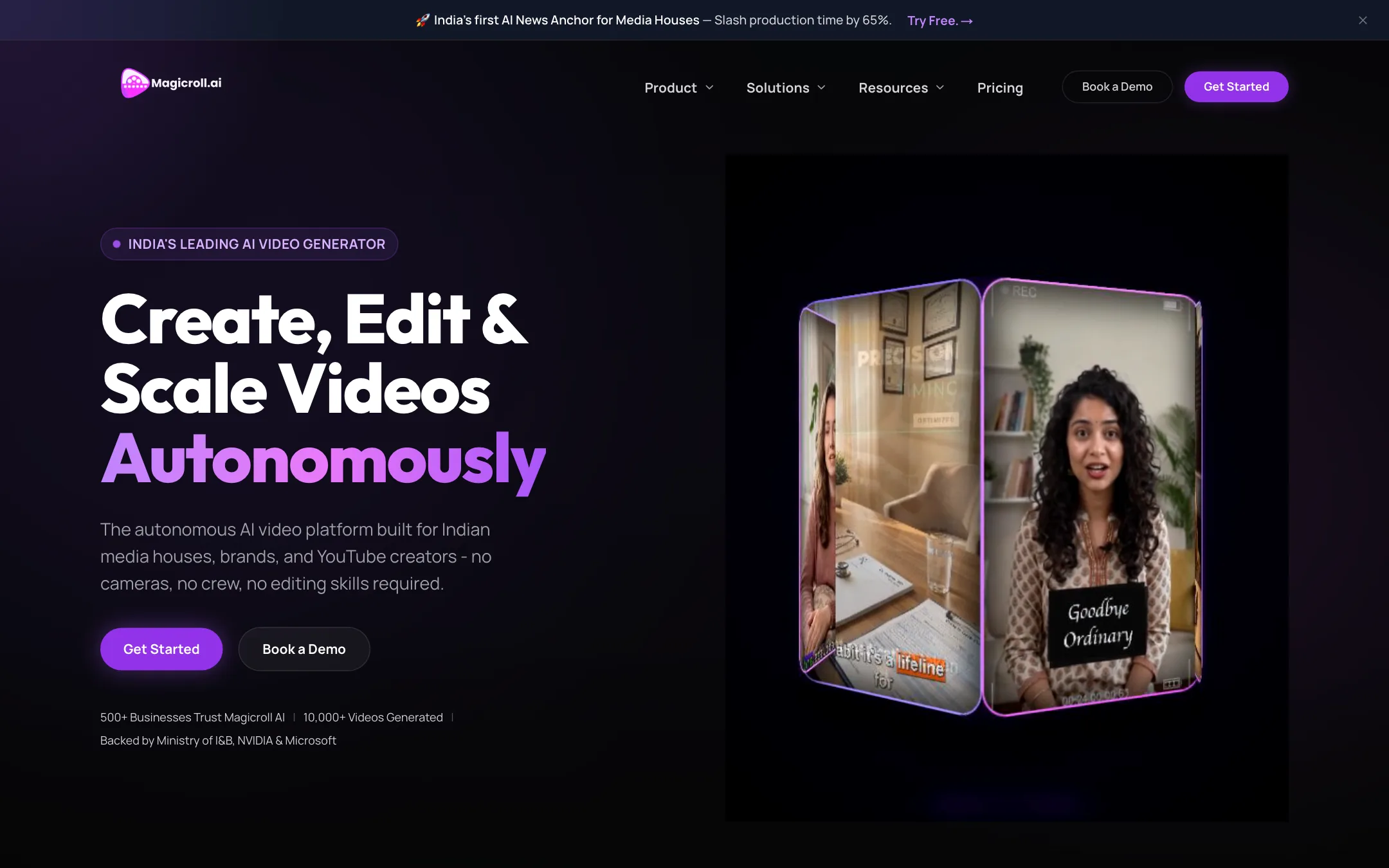Magicroll AI homepage headline: Create, Edit and Scale Videos Autonomously