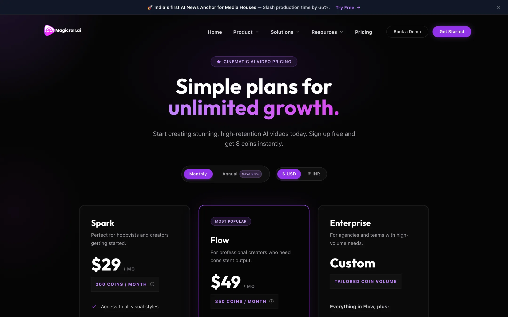 Magicroll AI pricing page with Spark, Flow and Enterprise plans