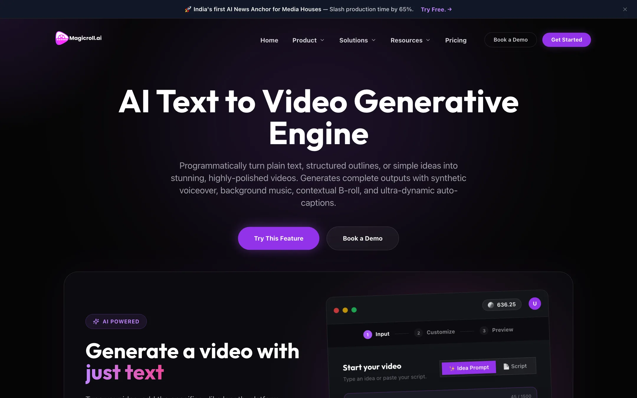 Magicroll AI text-to-video feature page with the input, customize and preview steps