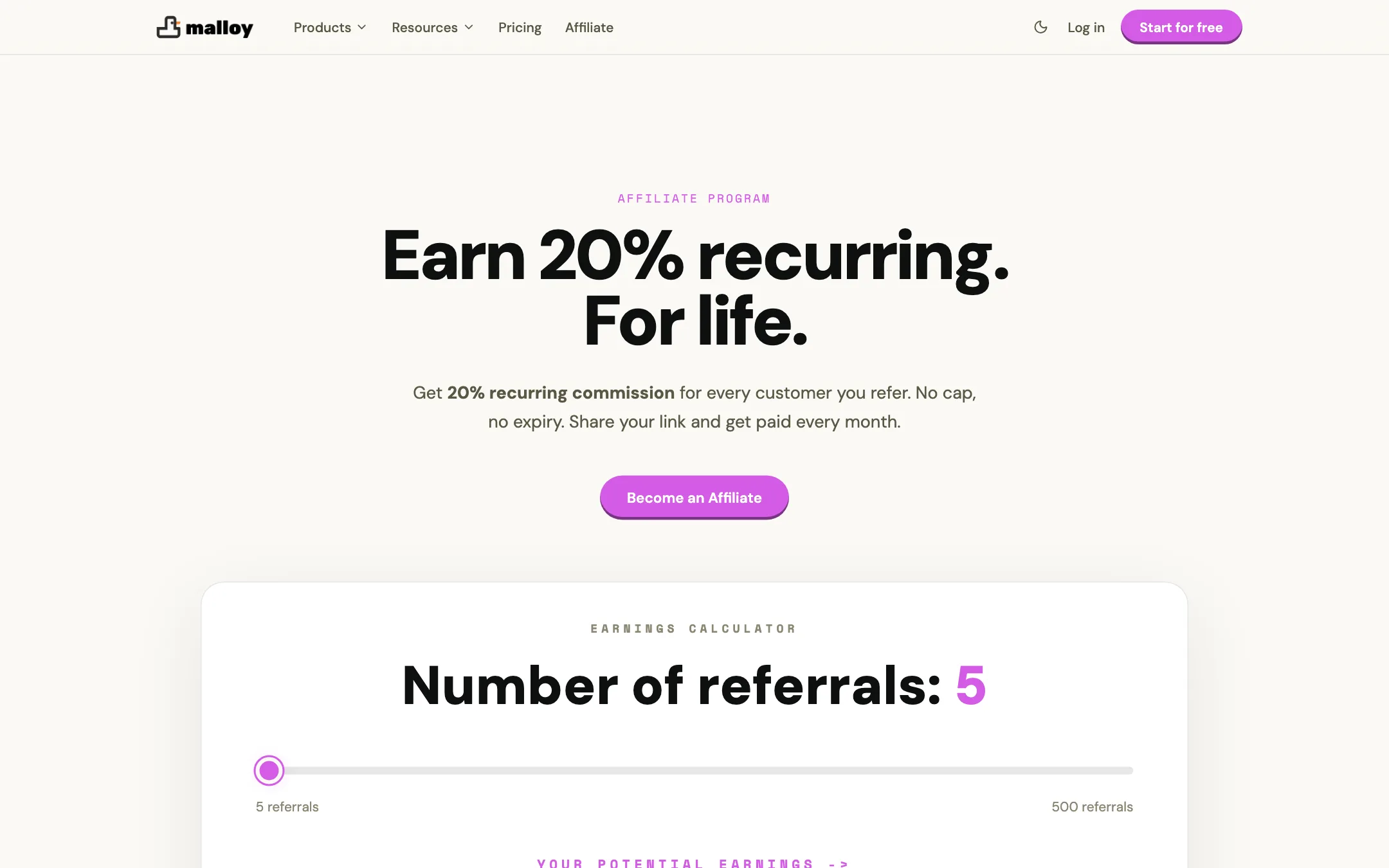 Malloy affiliate page offering 20% recurring commission for life