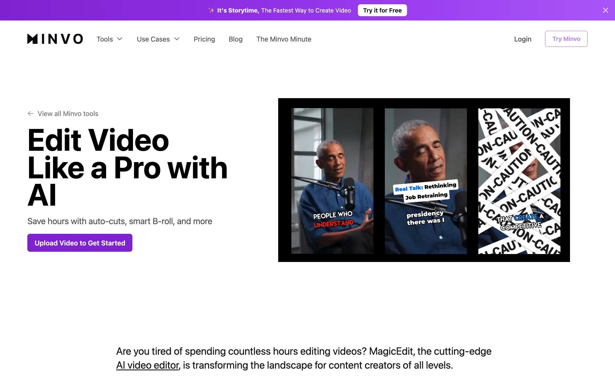 Minvo MagicEdit page describing AI cuts, emojis and B-roll