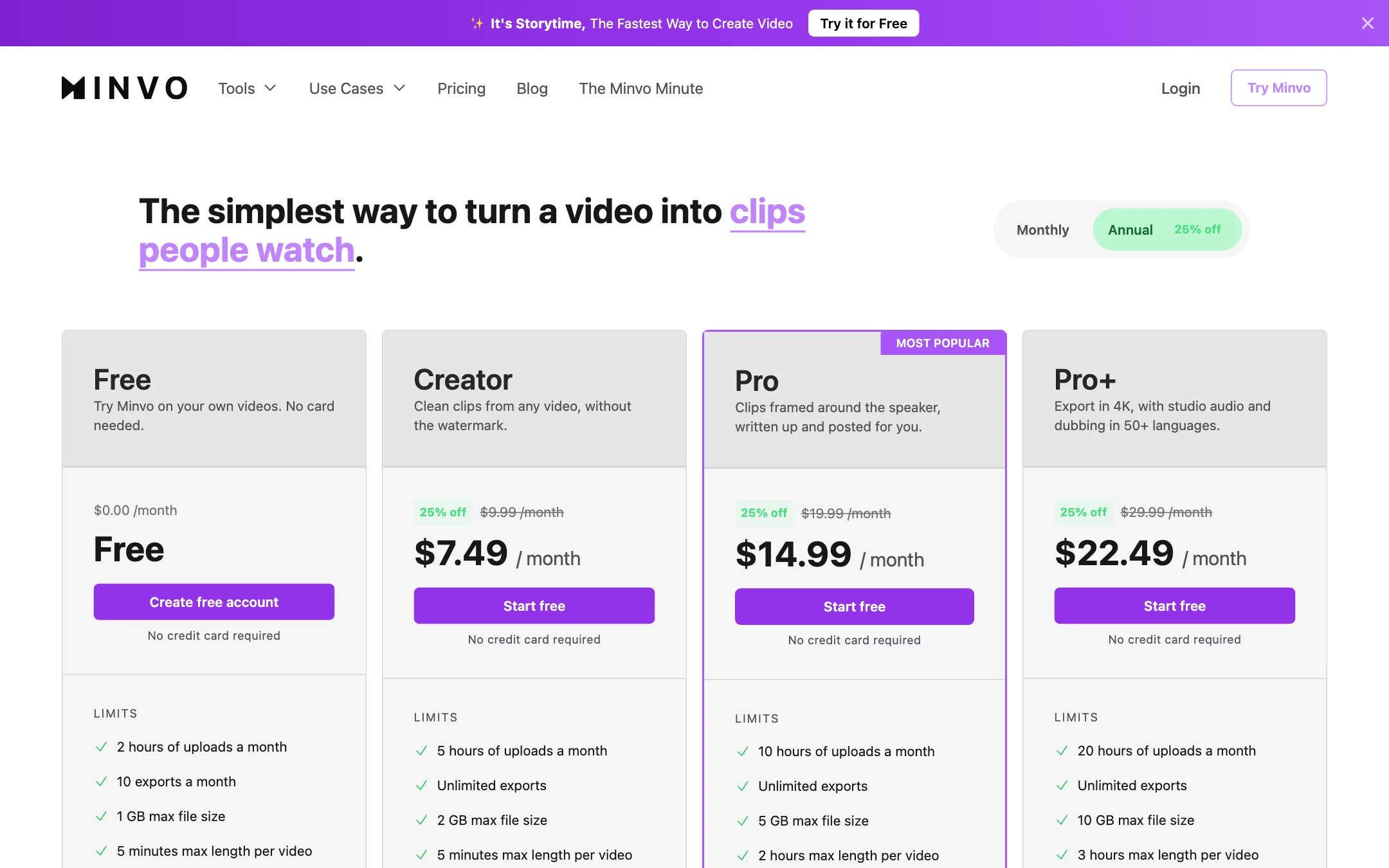 Minvo pricing page with Free, Creator, Pro and Pro+ plans