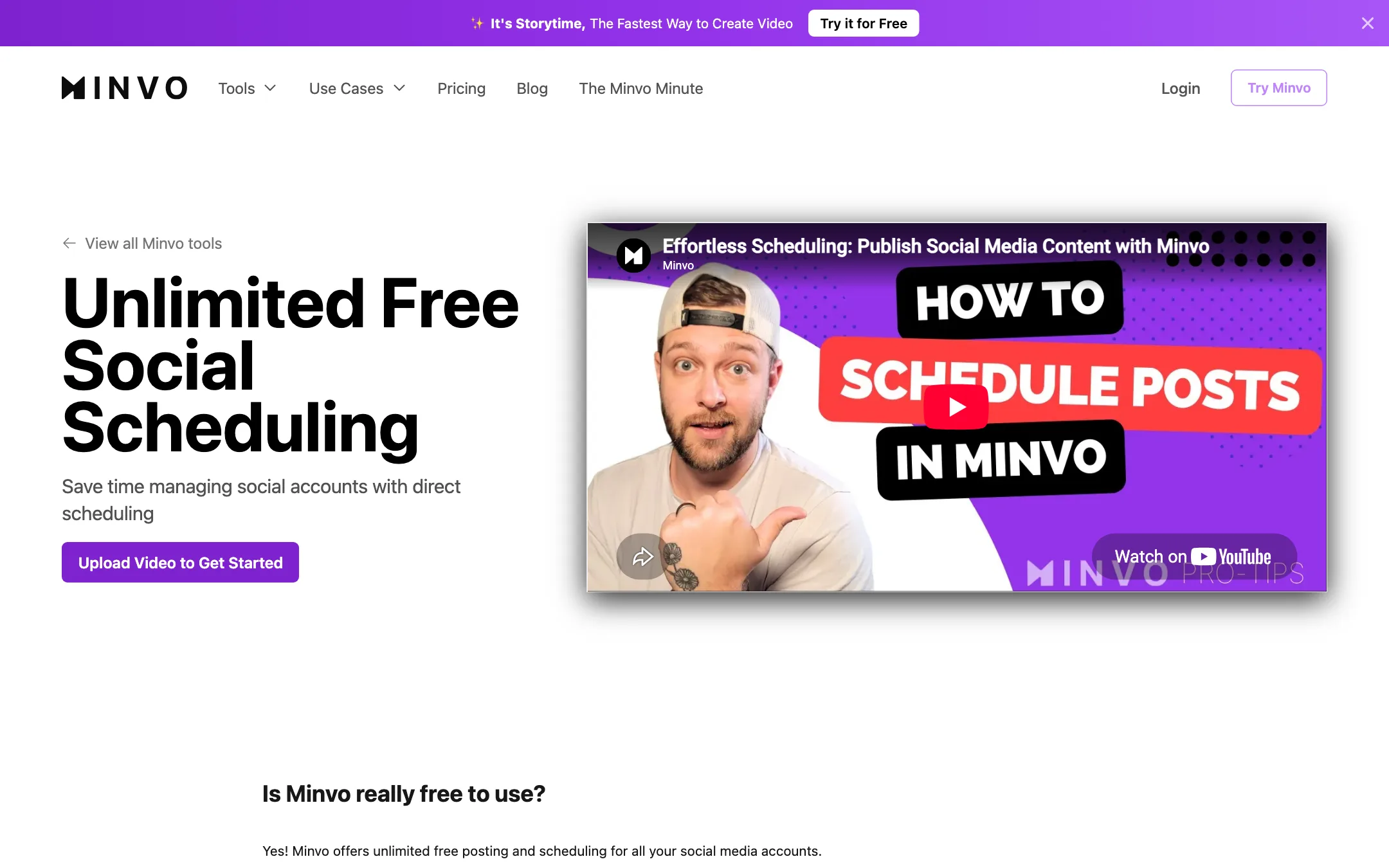 Minvo social scheduling page with unlimited accounts and brands