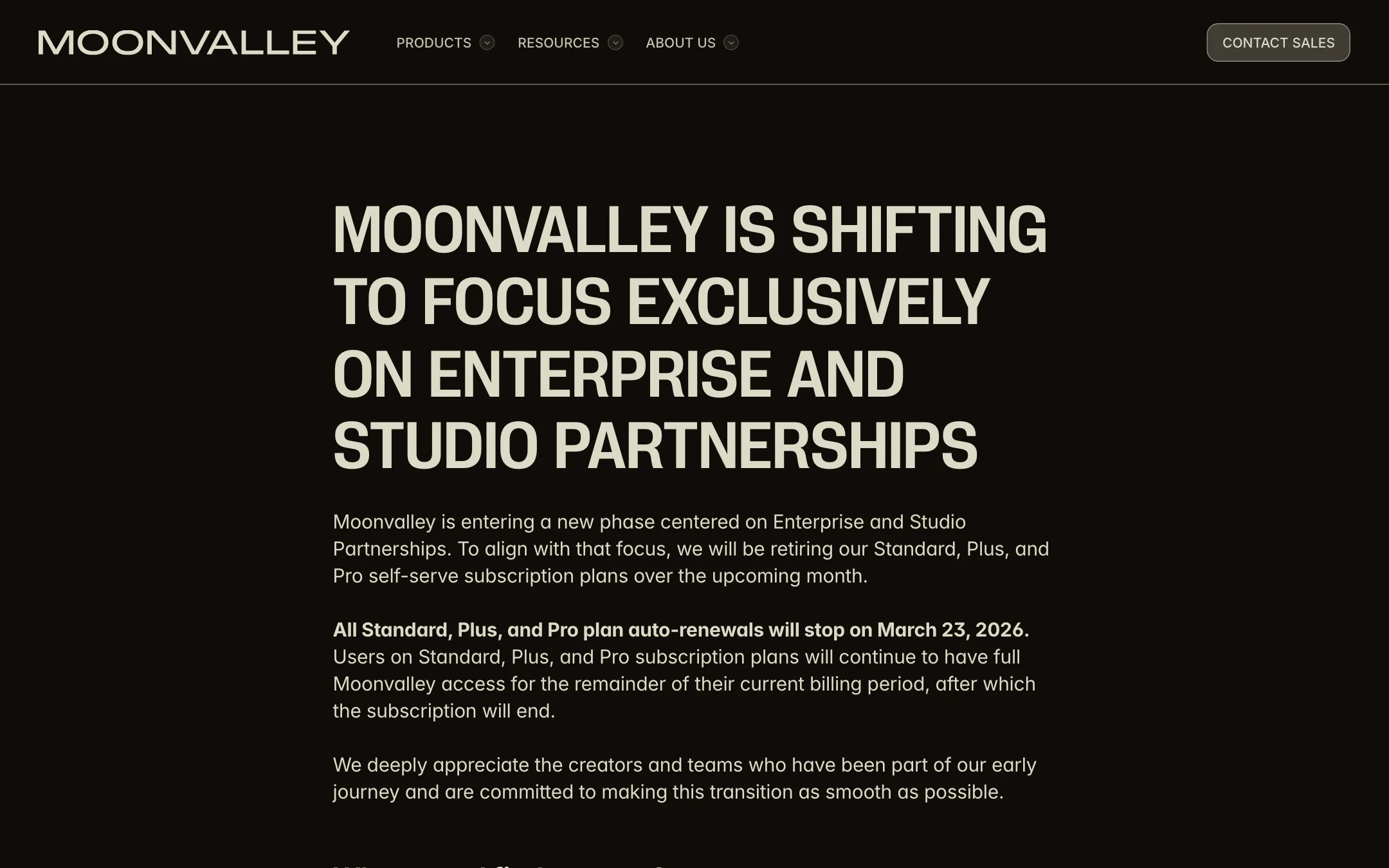 Moonvalley notice: shifting to focus exclusively on enterprise and studio partnerships