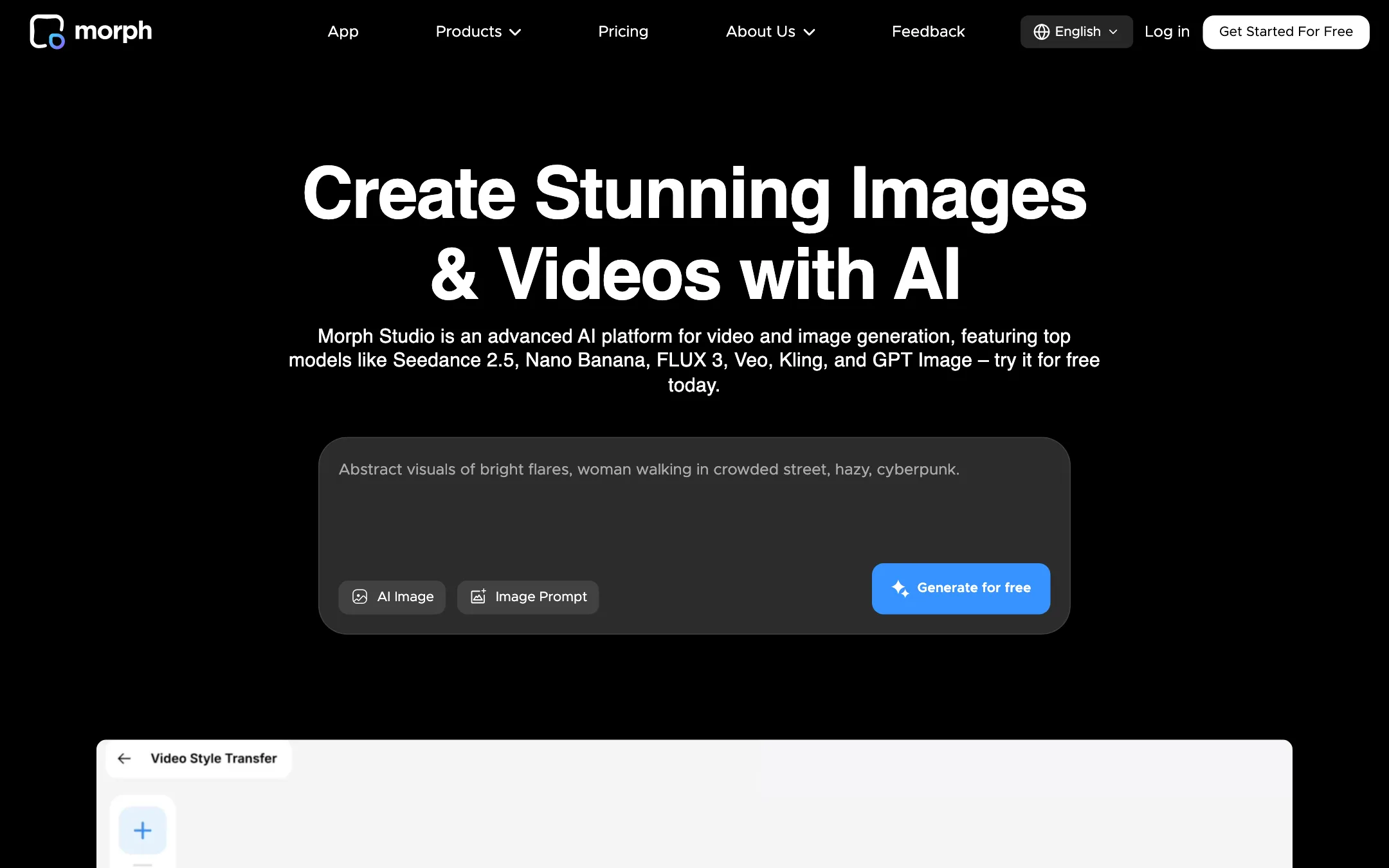 Morph Studio homepage headline: Create Stunning Images and Videos with AI