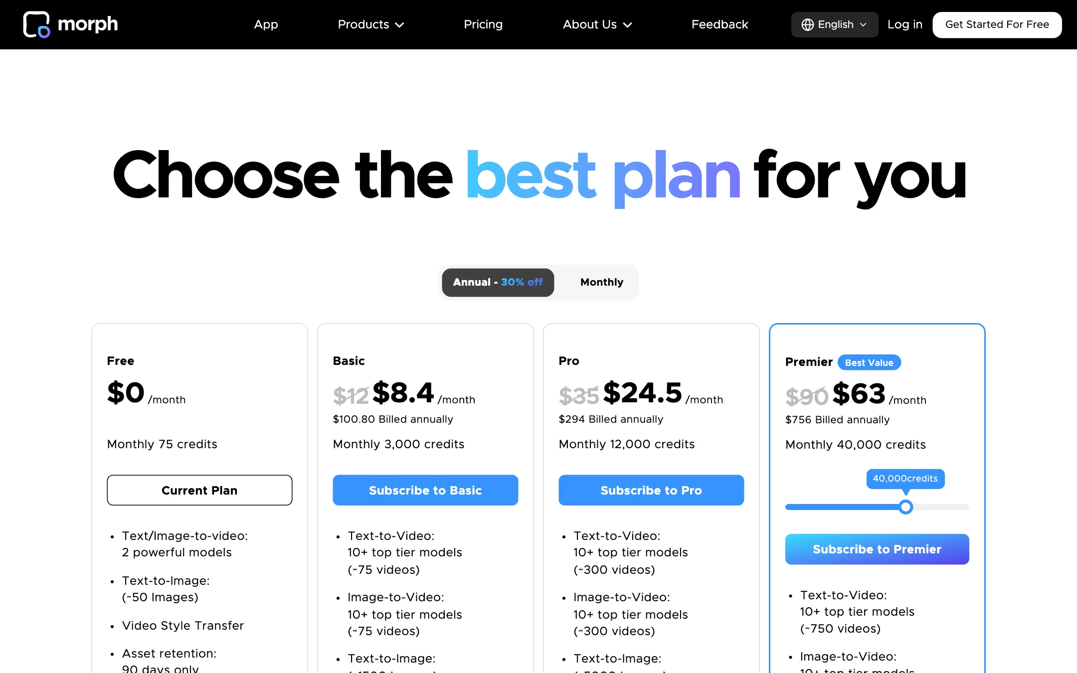 Morph Studio pricing page with Free, Basic, Pro and Premier plans