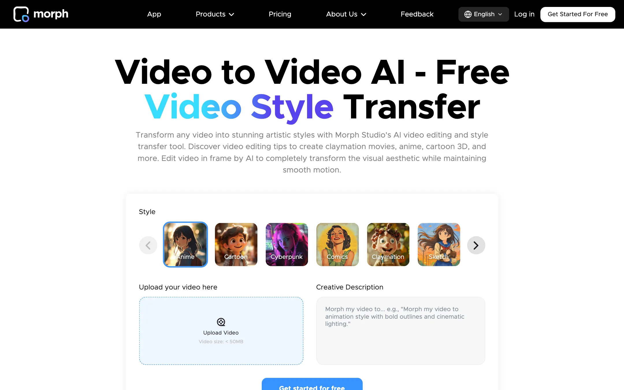 Morph Studio Video Style Transfer page