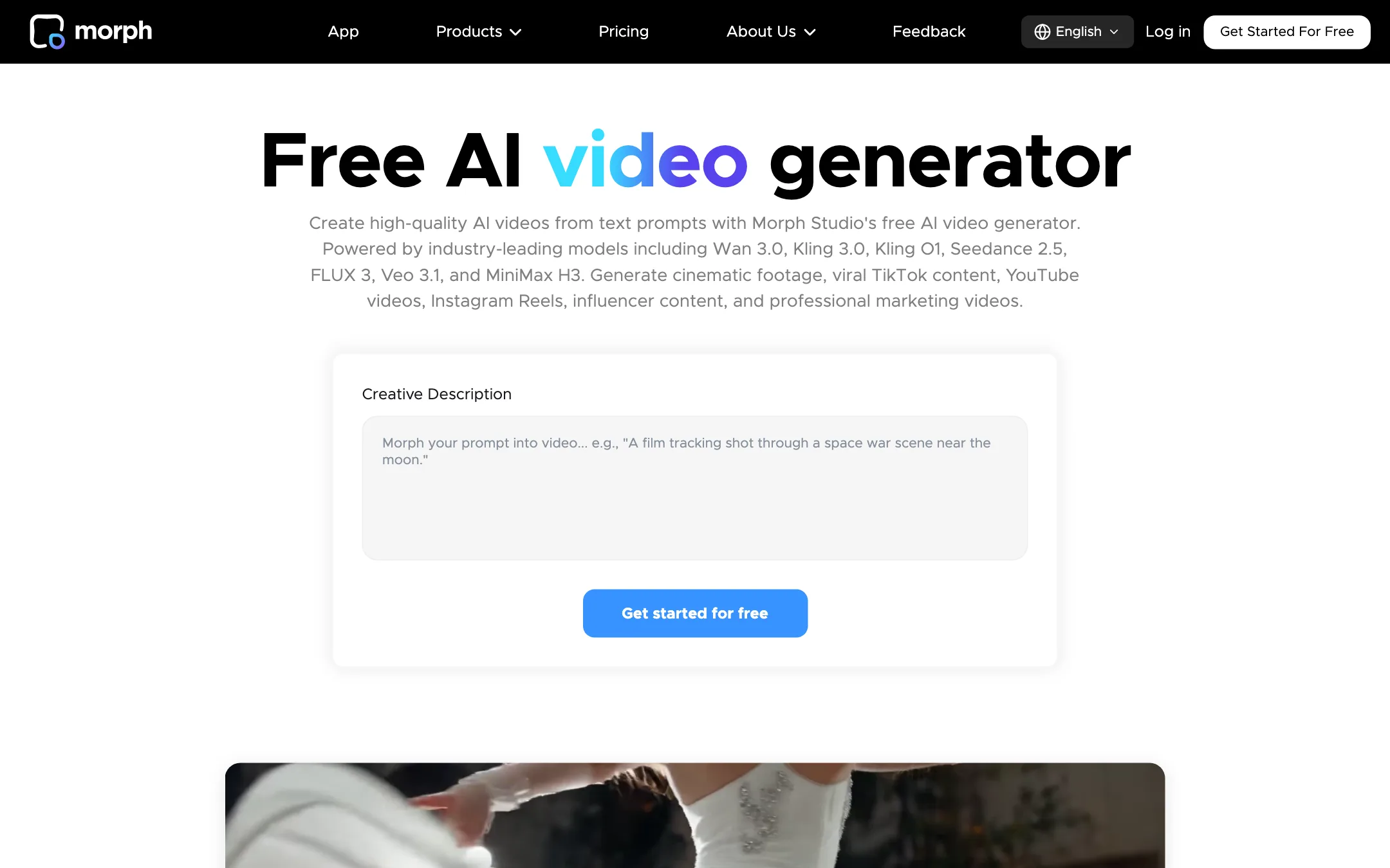 Morph Studio text-to-video page listing the available video models