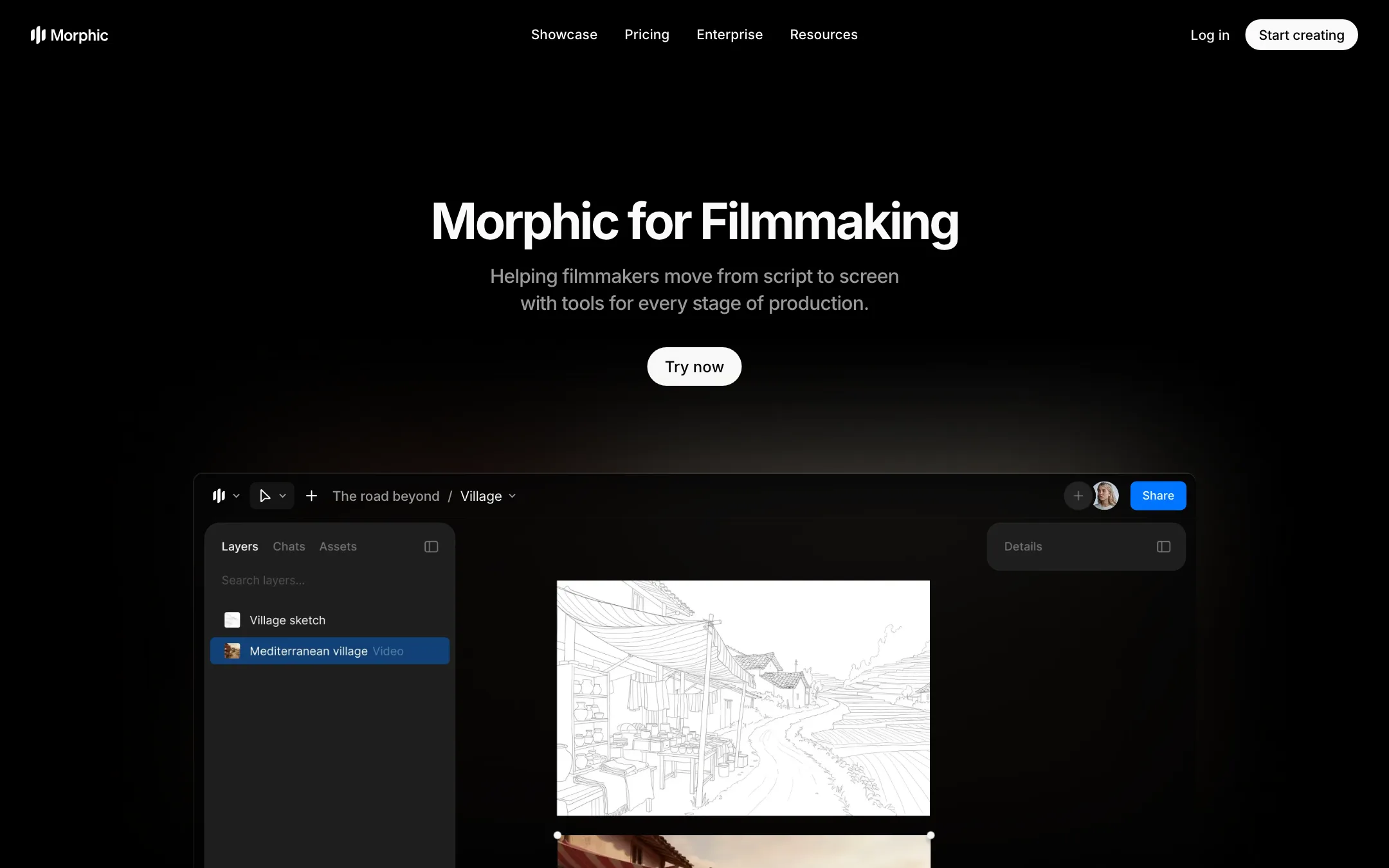 Morphic for Filmmaking page with a canvas showing a sketch and a video layer