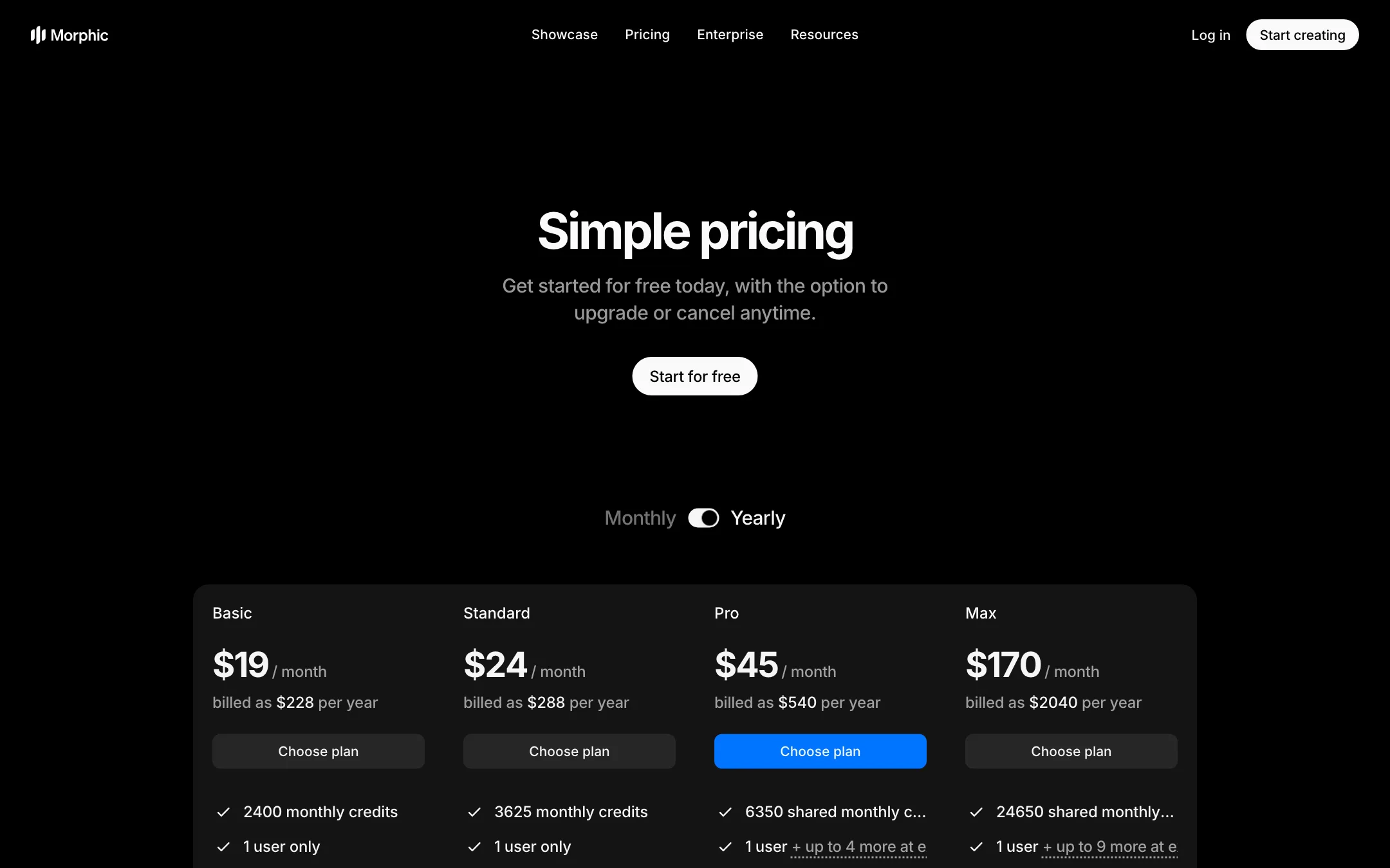 Morphic pricing with Basic, Standard, Pro and Max plans