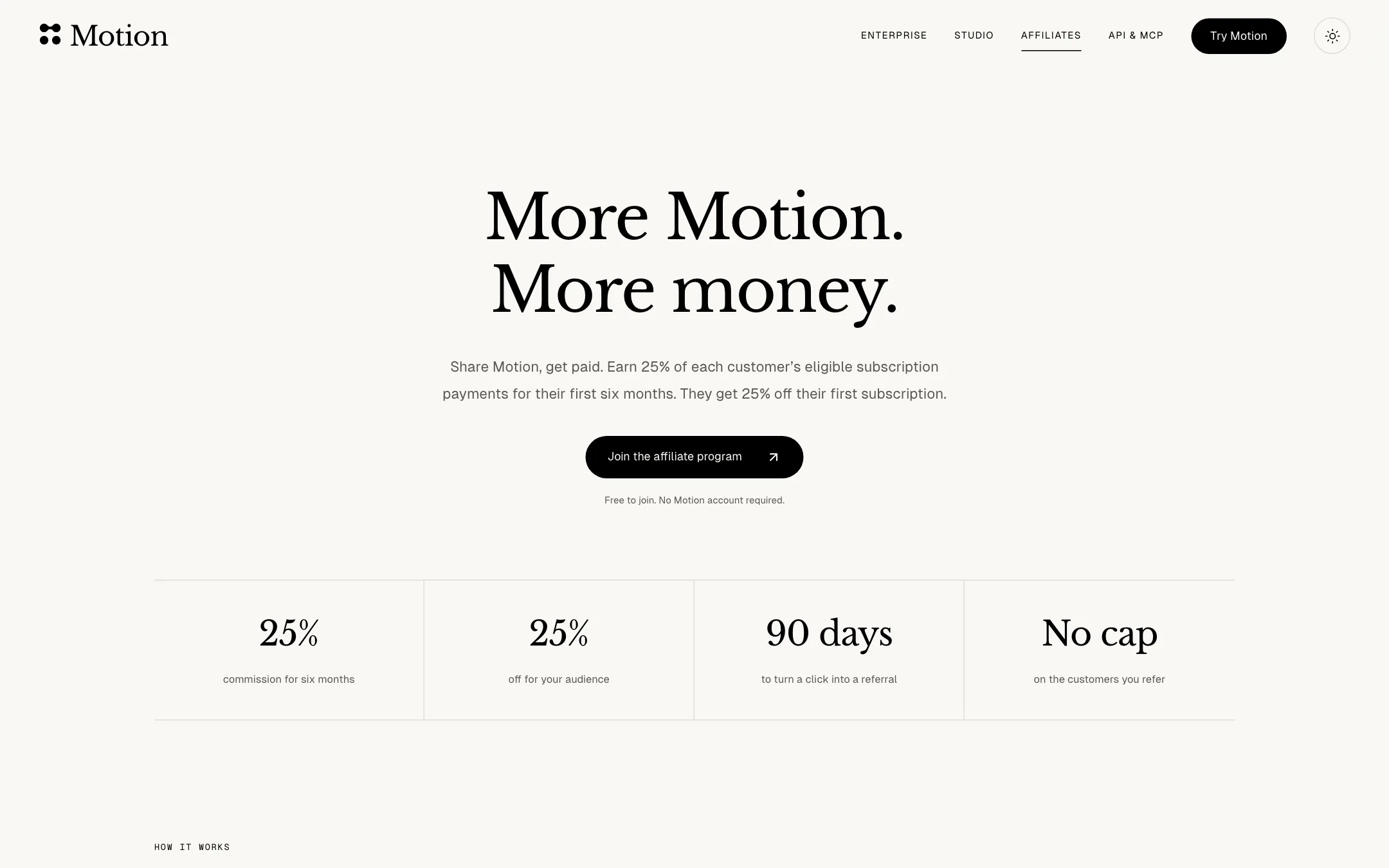 Motion affiliates page with 25% commission for six months