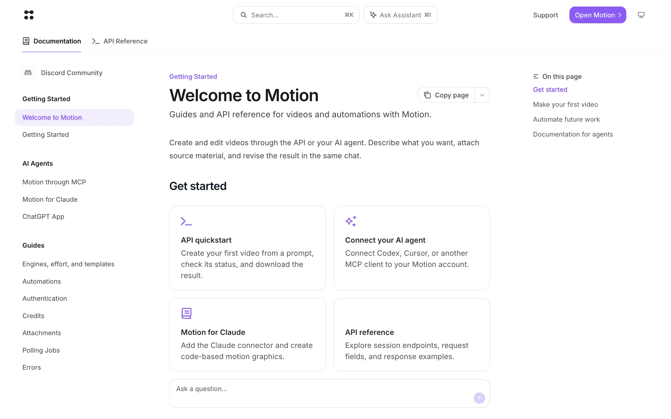 Motion developer docs welcome page with API quickstart and MCP setup