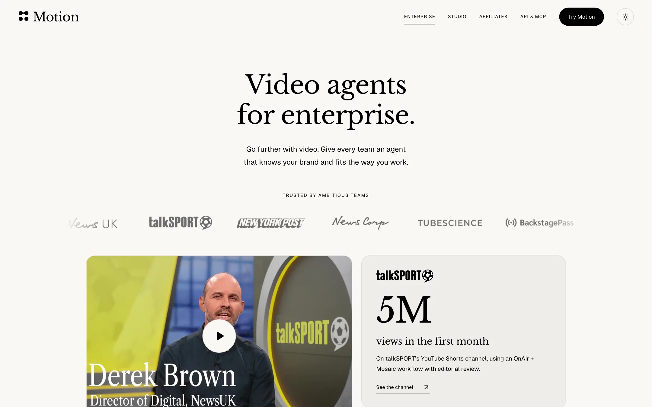 Motion enterprise page headline: Video agents for enterprise