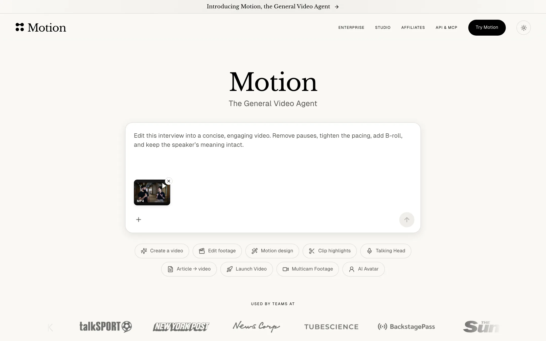 Motion homepage headline: The General Video Agent, with a prompt box and mode chips